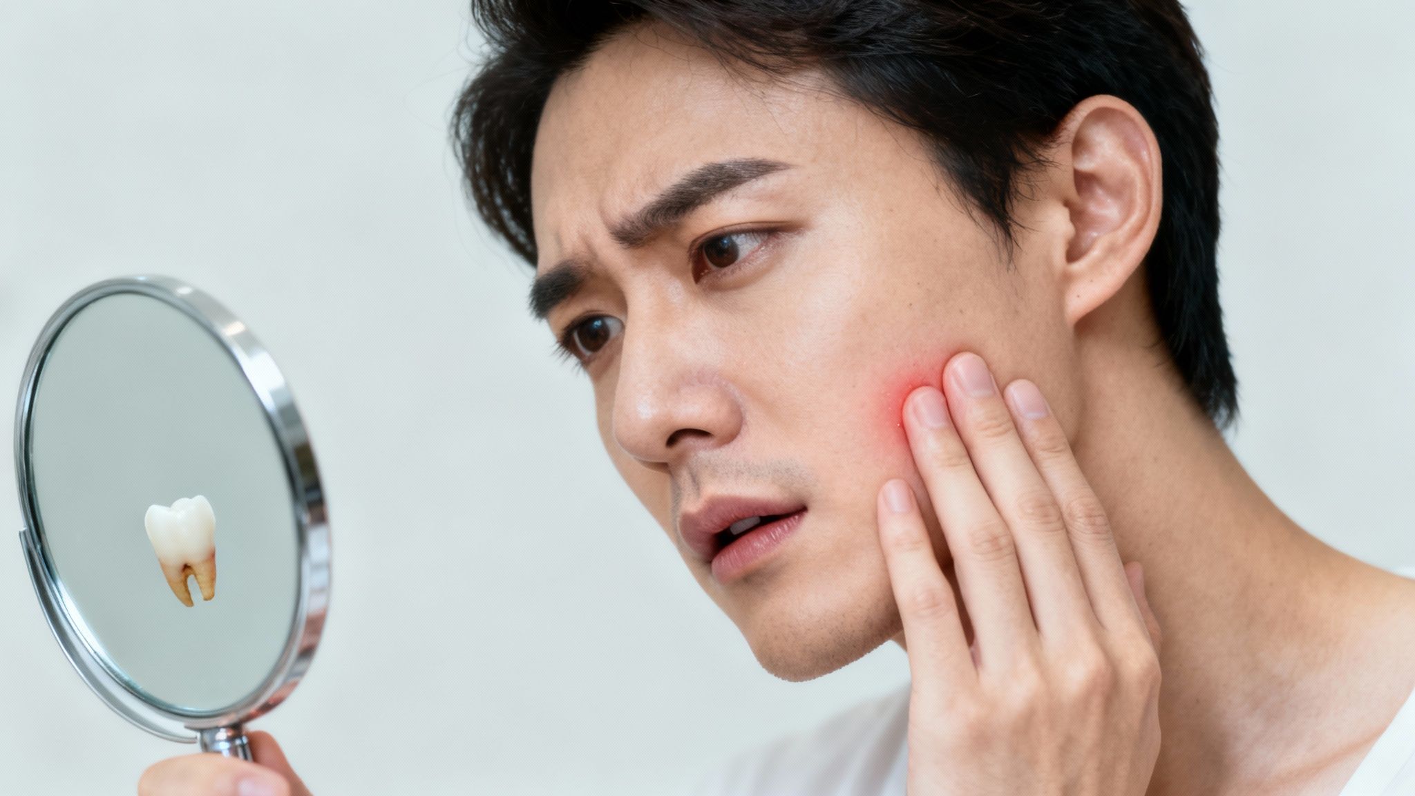 Young Asian man holding mirror with tooth experiencing dental pain and toothache