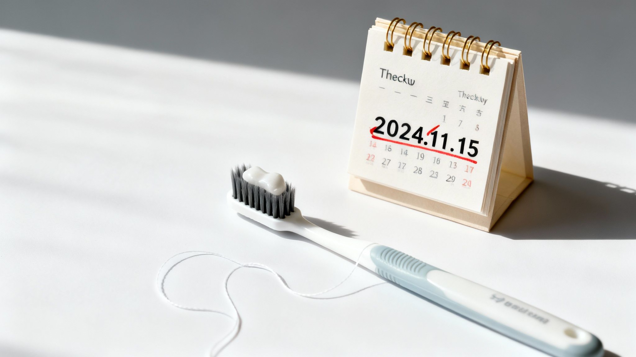 A toothbrush with toothpaste, dental floss, and a calendar showing November 15, 2024, on a white surface.