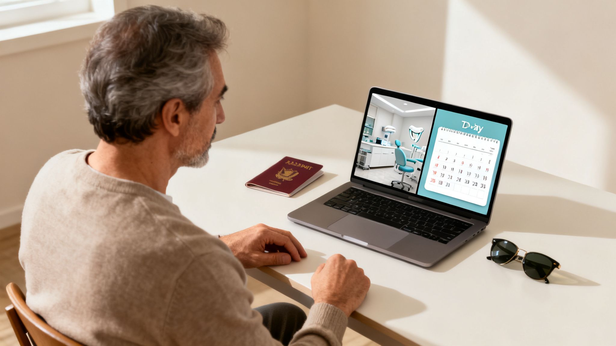Man viewing a laptop, planning dental travel with a clinic image and appointment calendar.