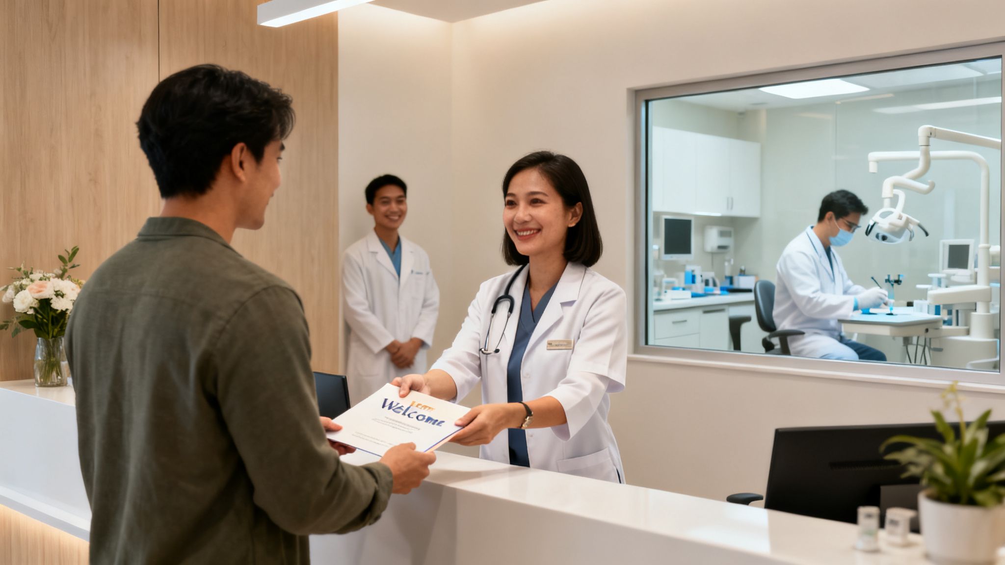 A smiling female doctor gives welcome documents to a male patient at a modern clinic's reception.