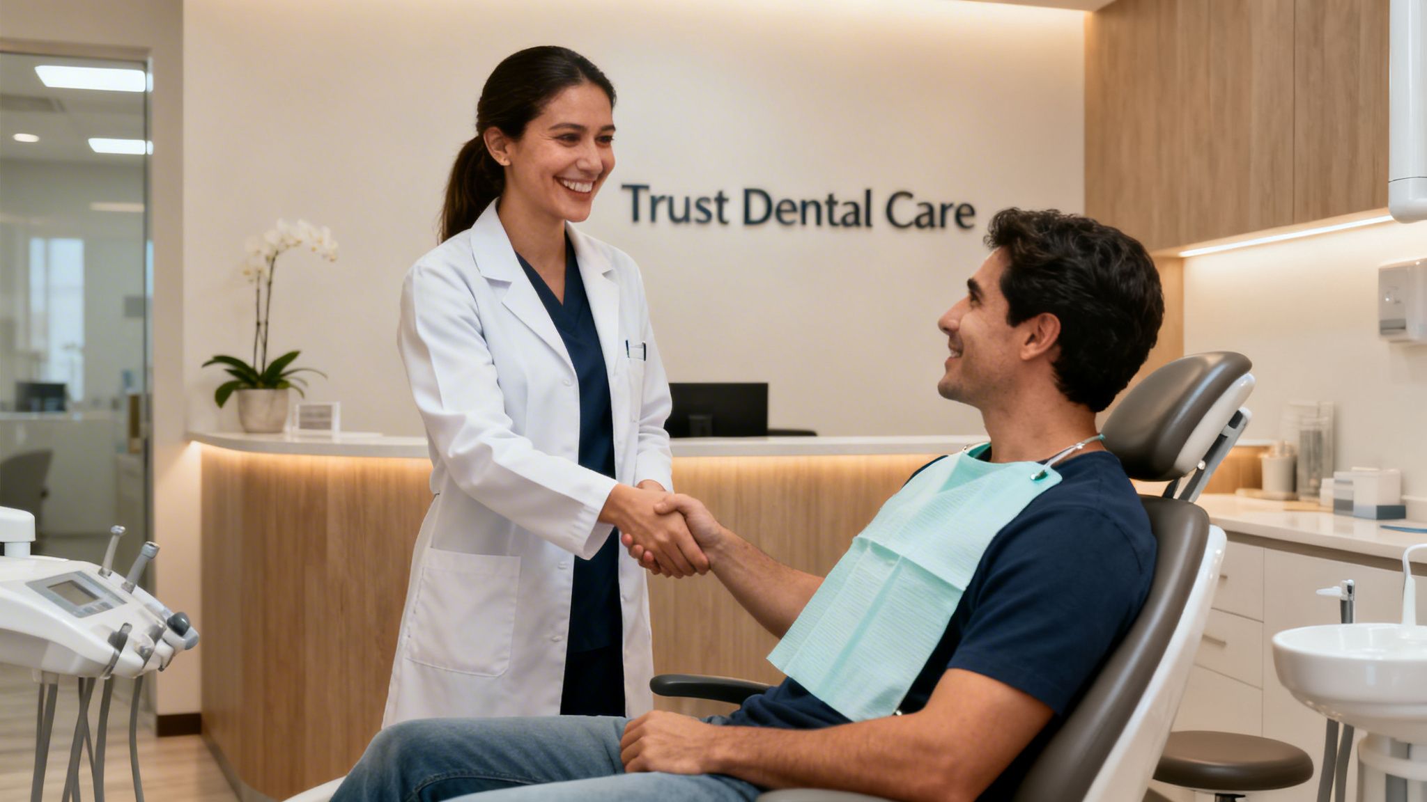 Smiling female dentist shaking hands with a male patient in a modern dental clinic.
