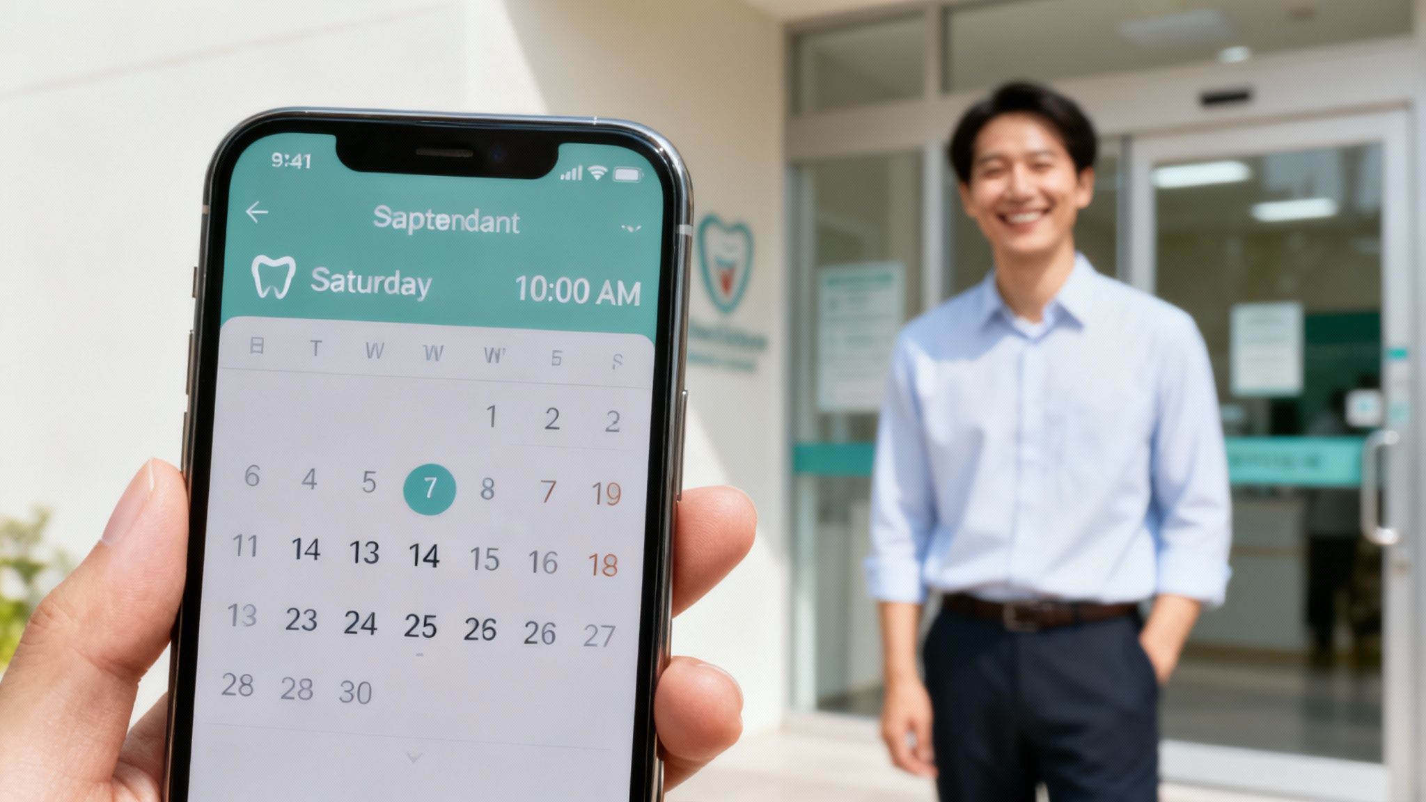 A hand holds a smartphone displaying a dental appointment app for Saturday at 10 AM, with a smiling man in the background.