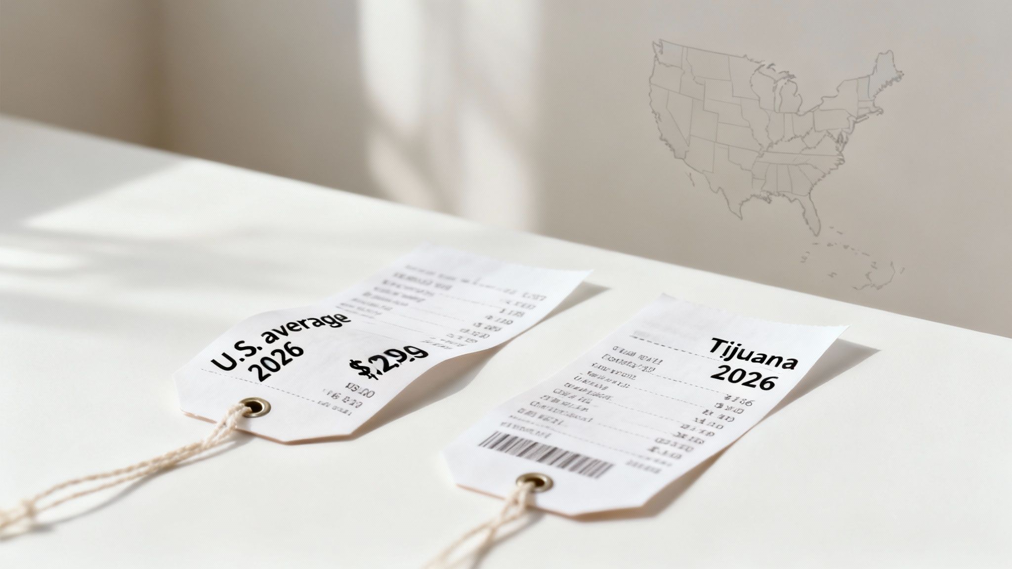 Two price tags compare U.S. average and Tijuana costs in 2026, with U.S. price shown as $2.99.