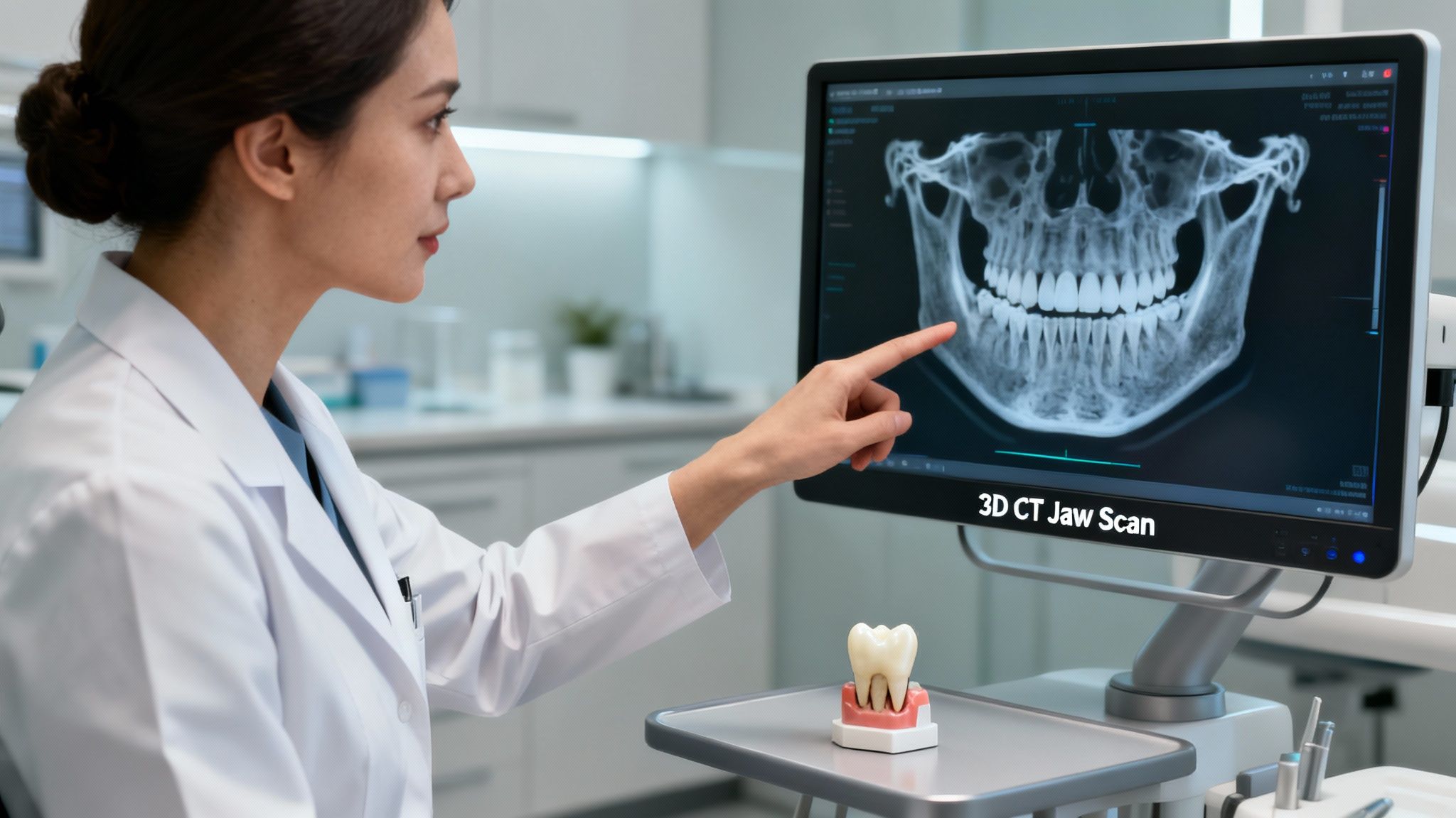 A female dentist in a white coat points at a 3D CT jaw scan on a monitor in a modern dental clinic.