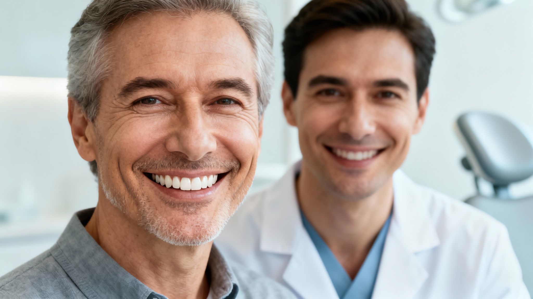 A happy senior man showing his perfect smile with his dentist smiling in a modern dental clinic.