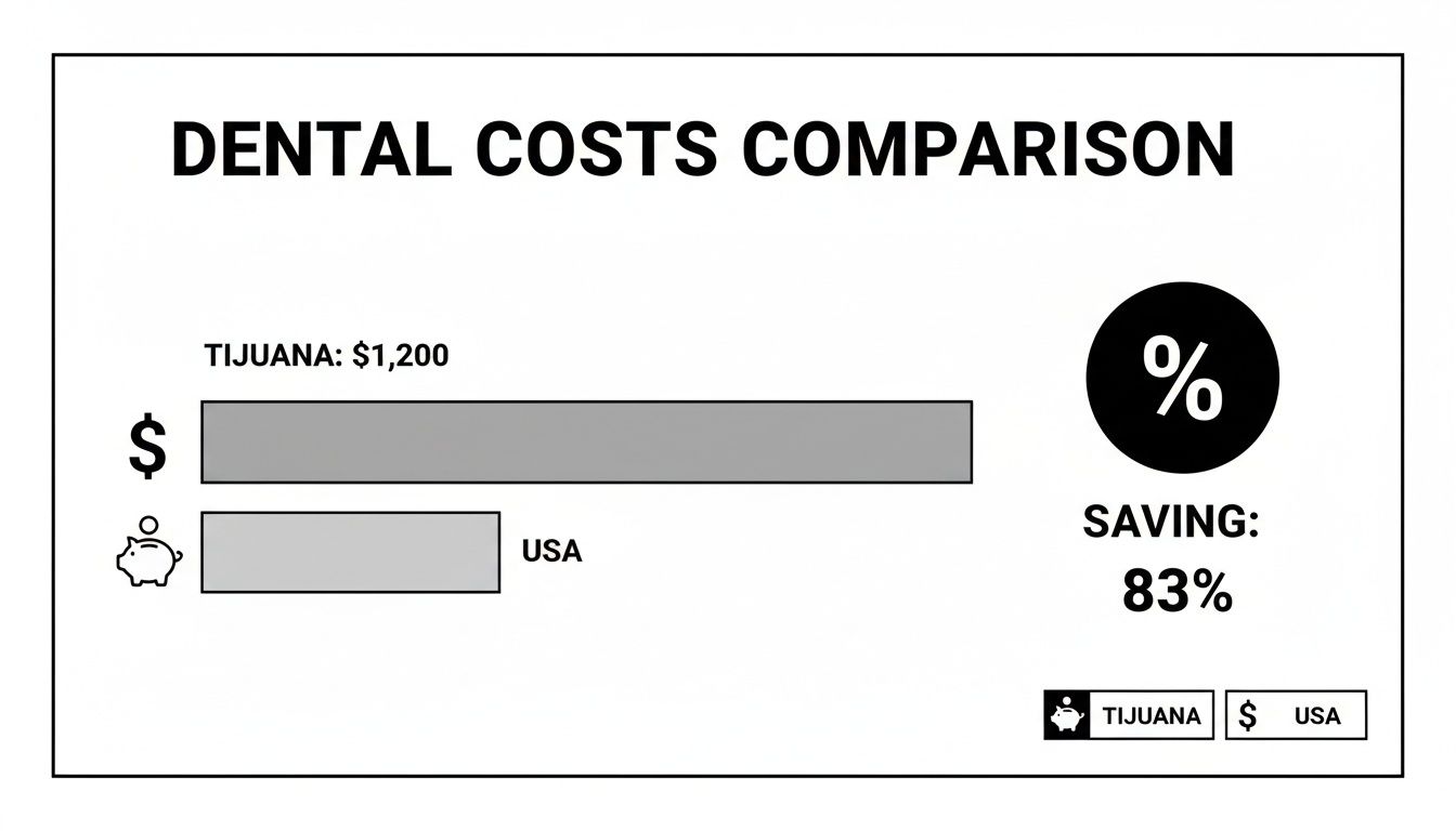 Dental cost comparison chart showing Tijuana at $1,200, offering 83% savings compared to USA.