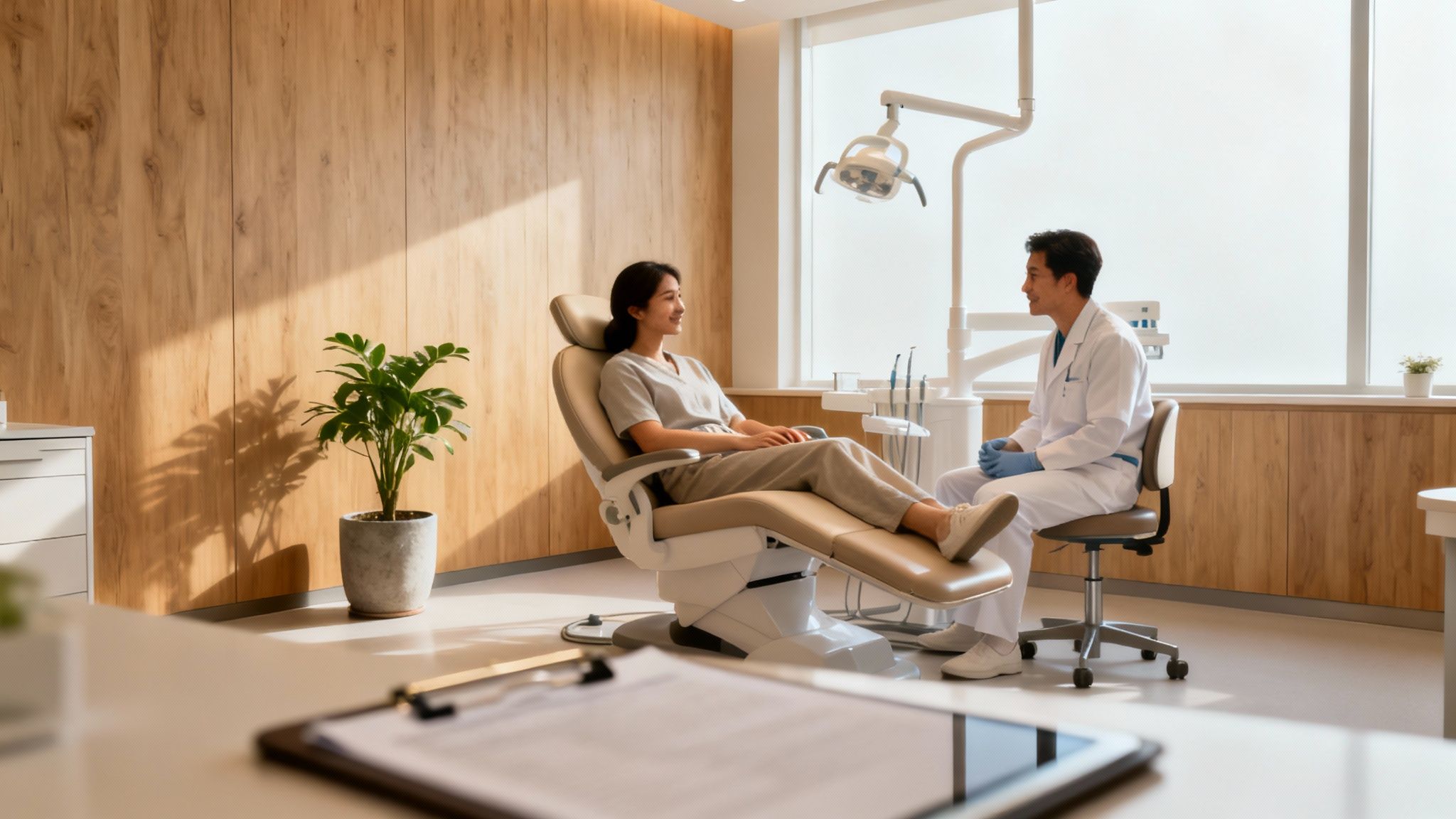 A female patient smiles while talking to a male dentist in a modern dental office.