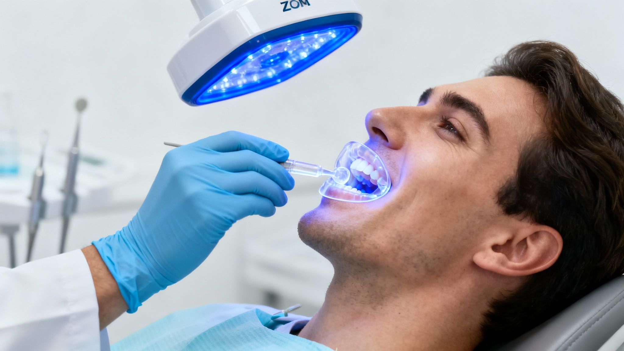 Close-up of a man receiving professional teeth whitening treatment from a dentist using a blue light.