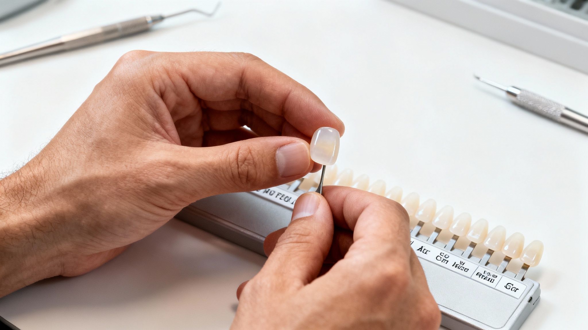 A person's hands comparing a single dental veneer to a shade guide, with dental tools on a white background.