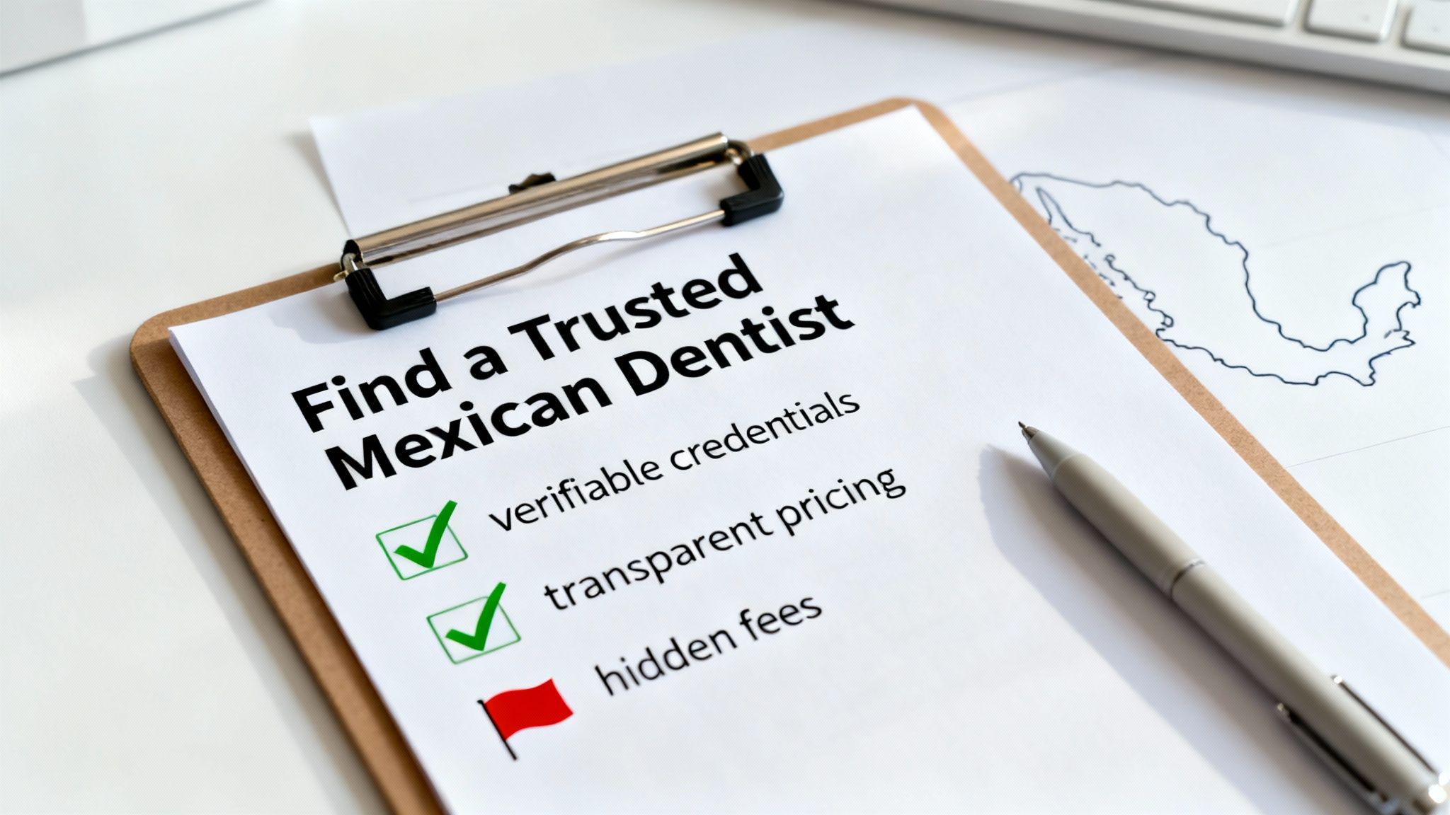 A checklist on a clipboard titled 'Find a Trusted Mexican Dentist' with criteria.