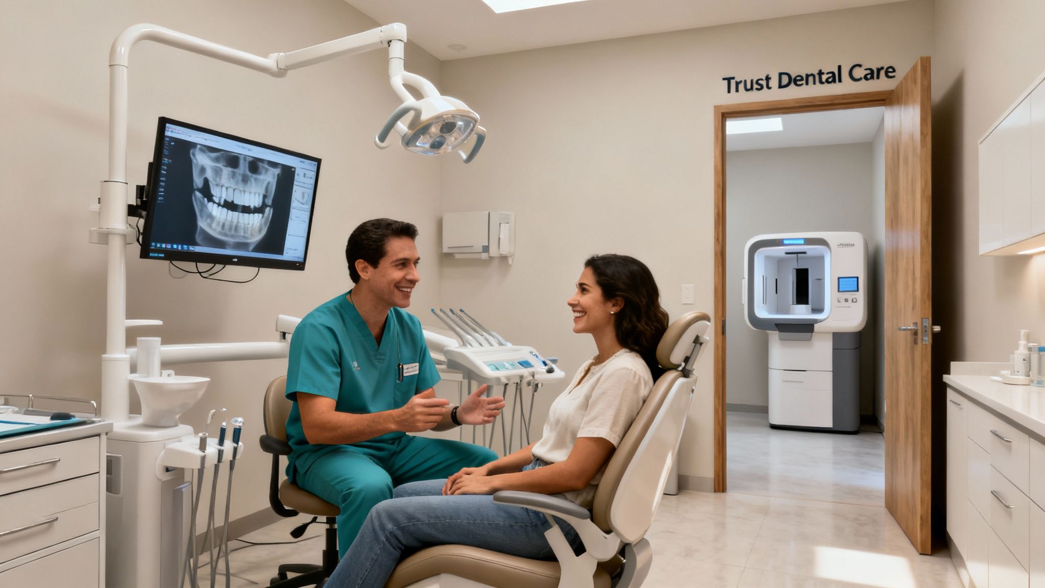 A smiling male dentist discusses with a female patient in a modern, well-equipped dental clinic.