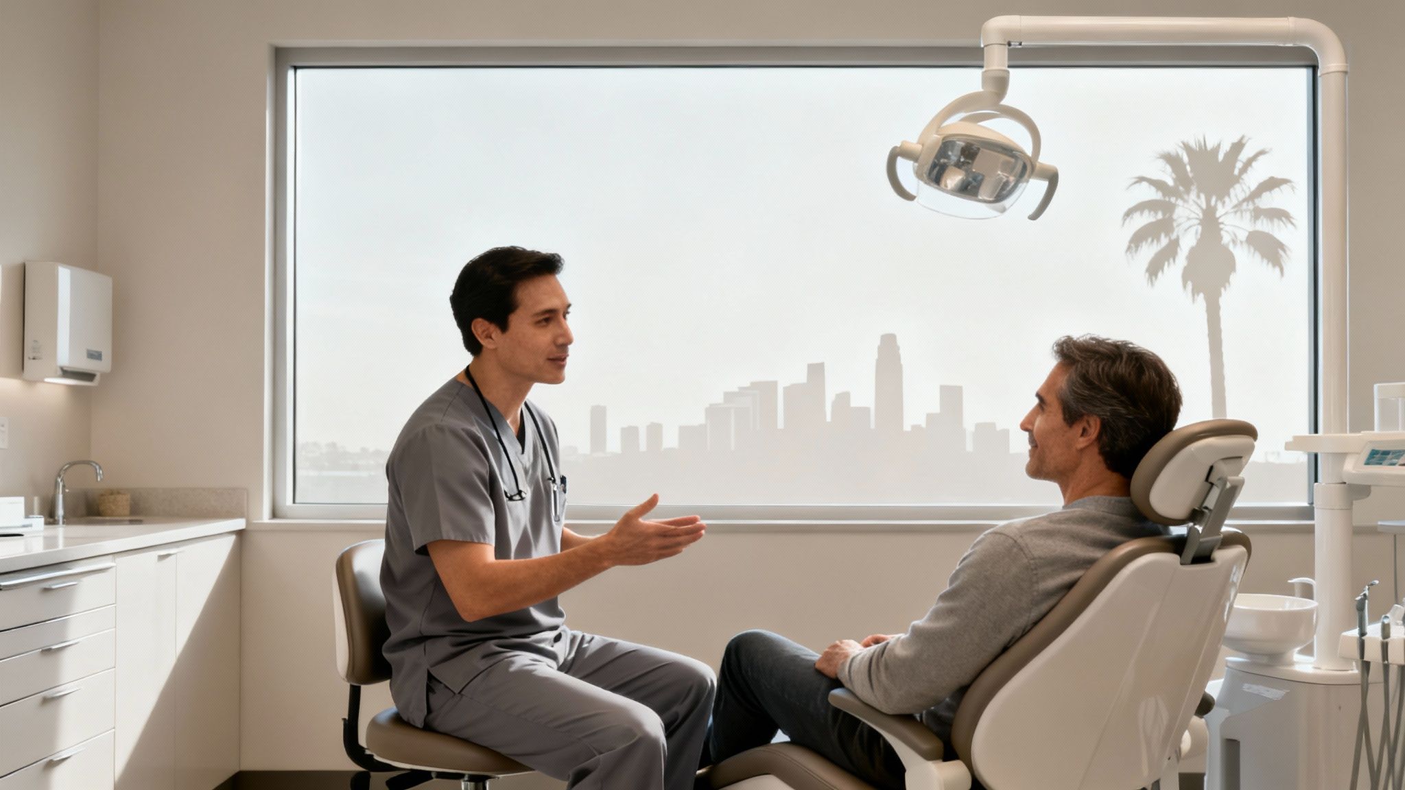 A male dentist in scrubs speaks to a male patient in a modern dental office with a city view.
