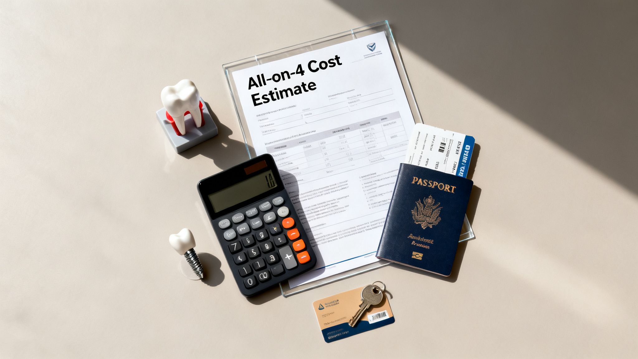 Flat lay of an All-on-4 dental cost estimate, calculator, passport, and tooth models.