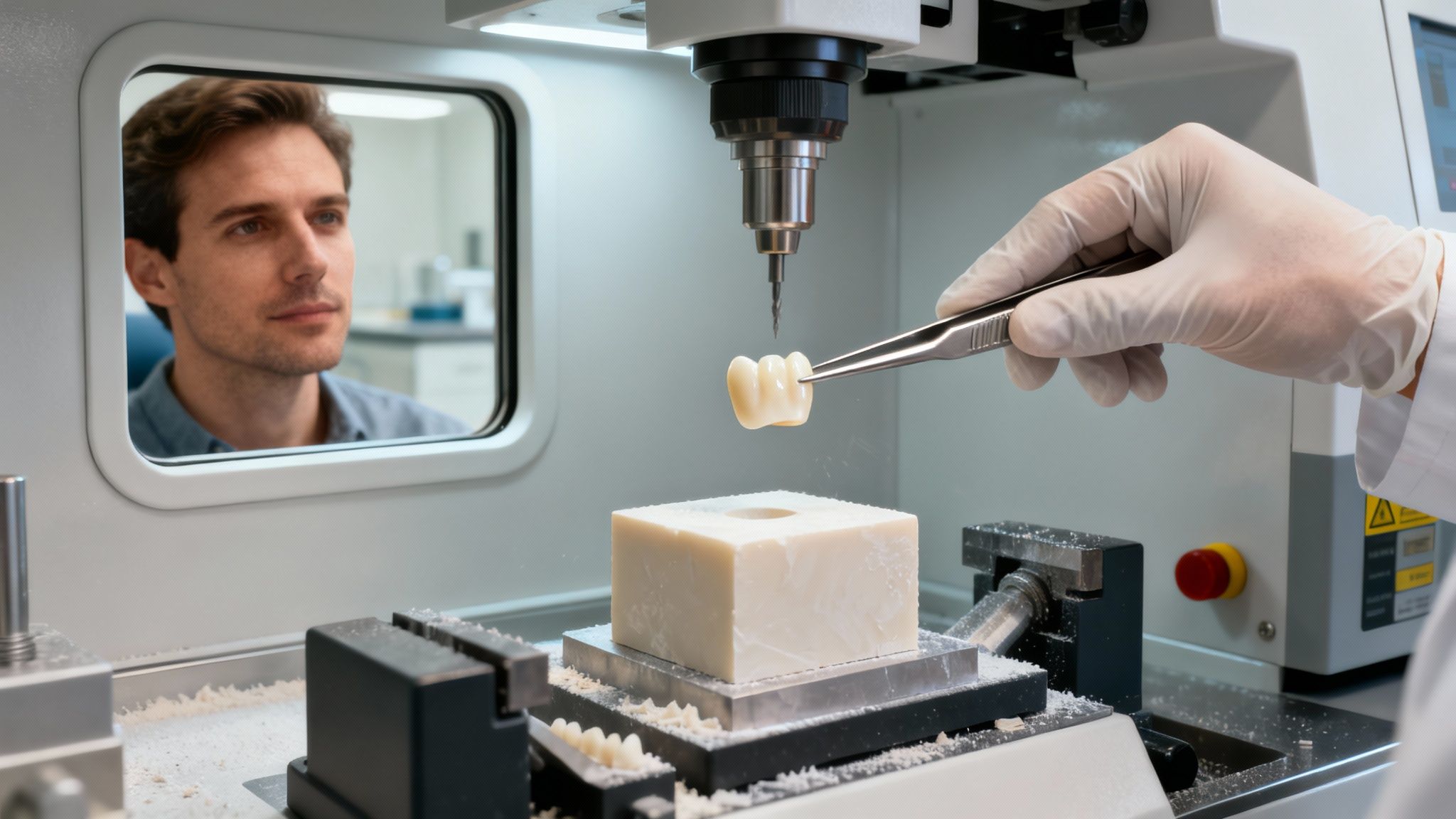 A dental technician mills a crown using a CAD/CAM machine, with a patient's face in the window.