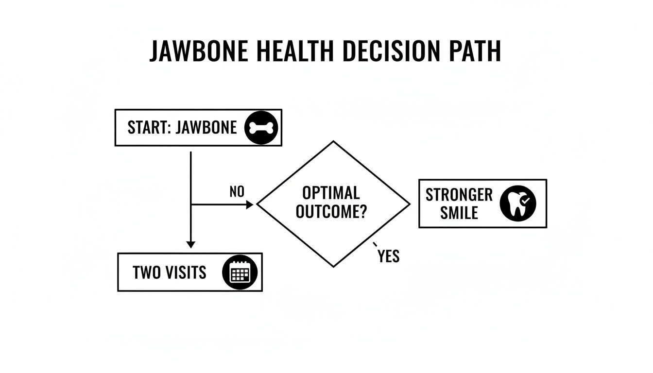 A flowchart illustrating the jawbone health decision path, including starting assessment, optimal outcome decisions, two visits, and a stronger smile.