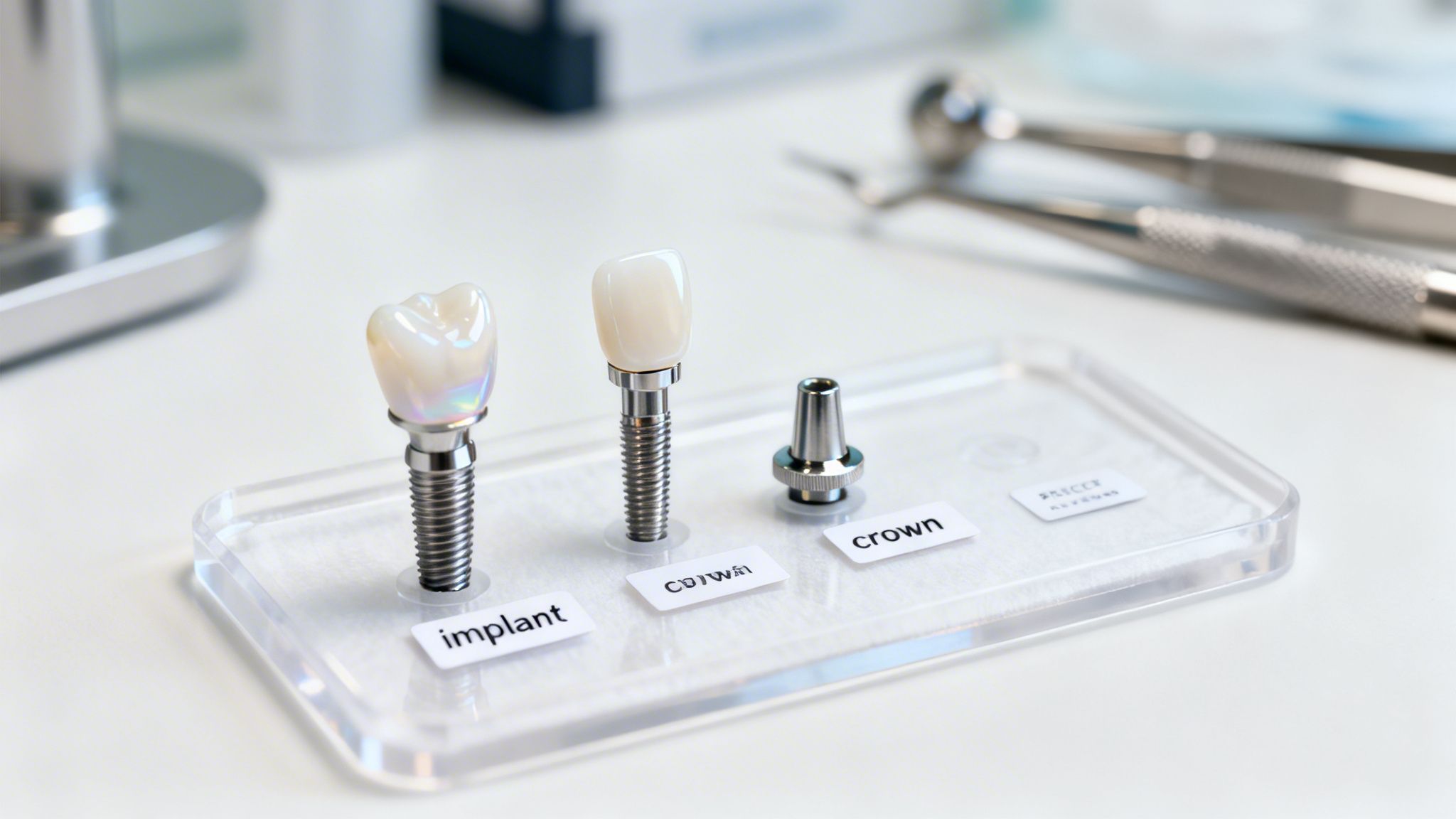 A clear display of various dental implants and crowns, with surgical tools in the background.