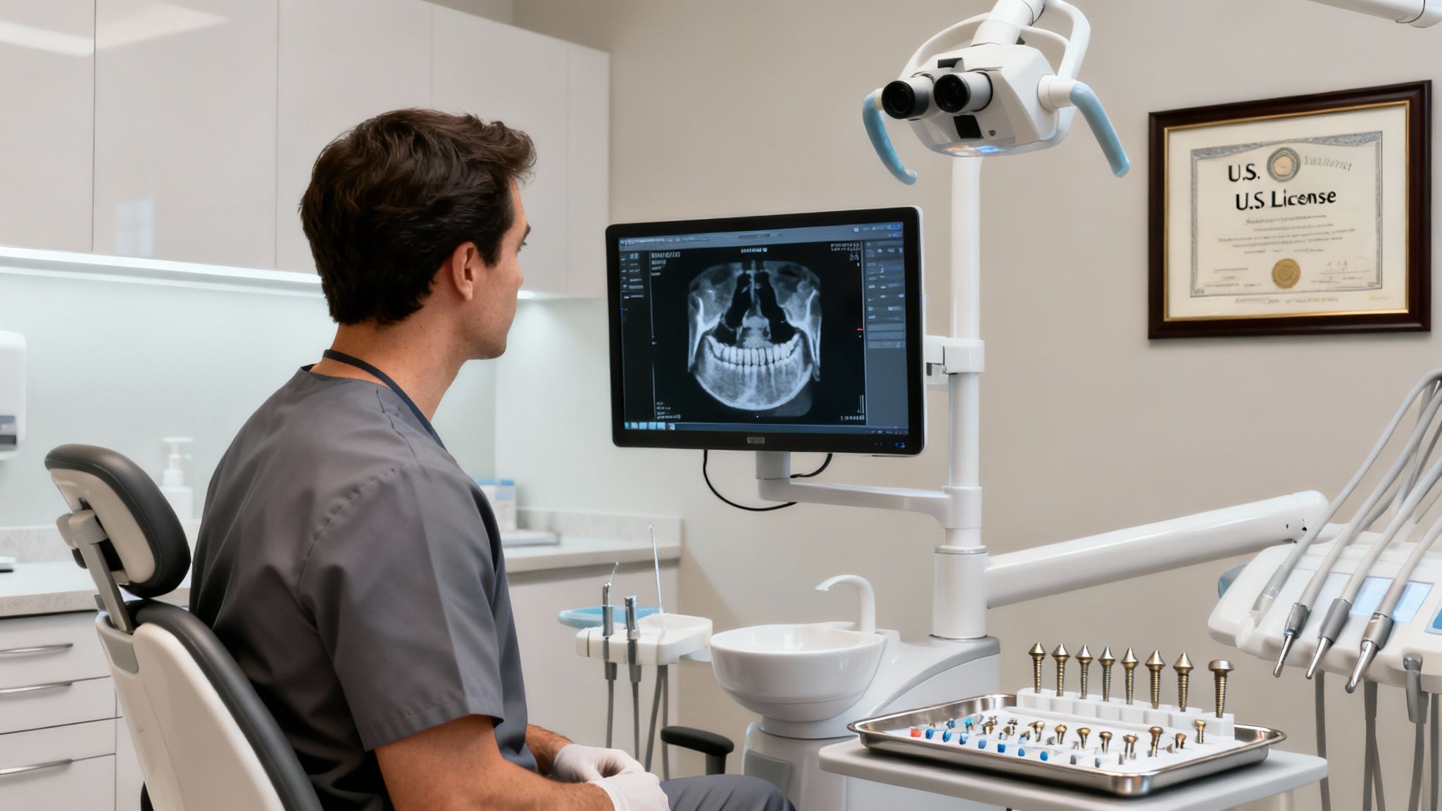 Male dentist in scrubs analyzing a digital dental X-ray on a monitor in a modern clinic.