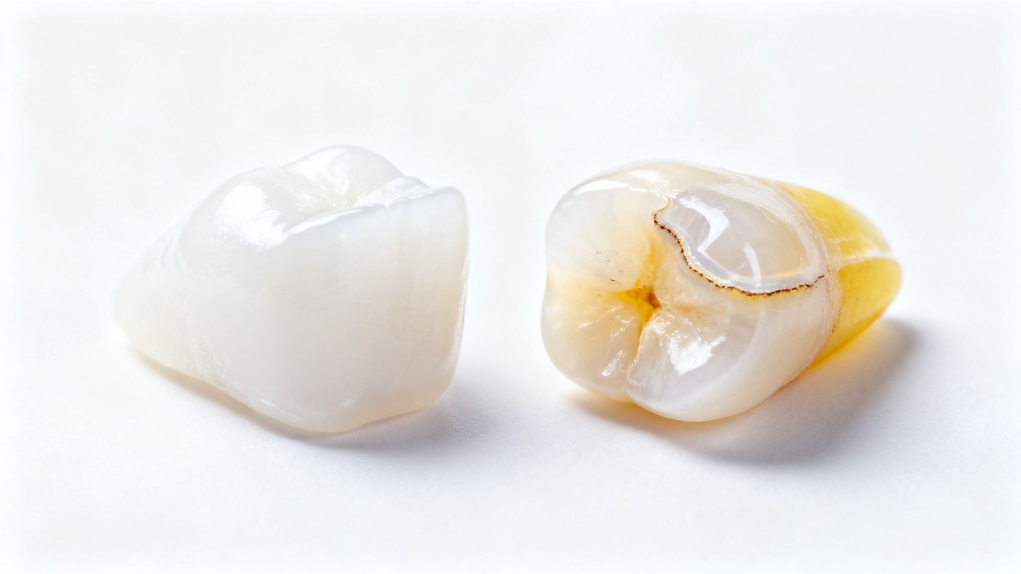 Close-up of a healthy dental crown next to one with enamel erosion on a white background.