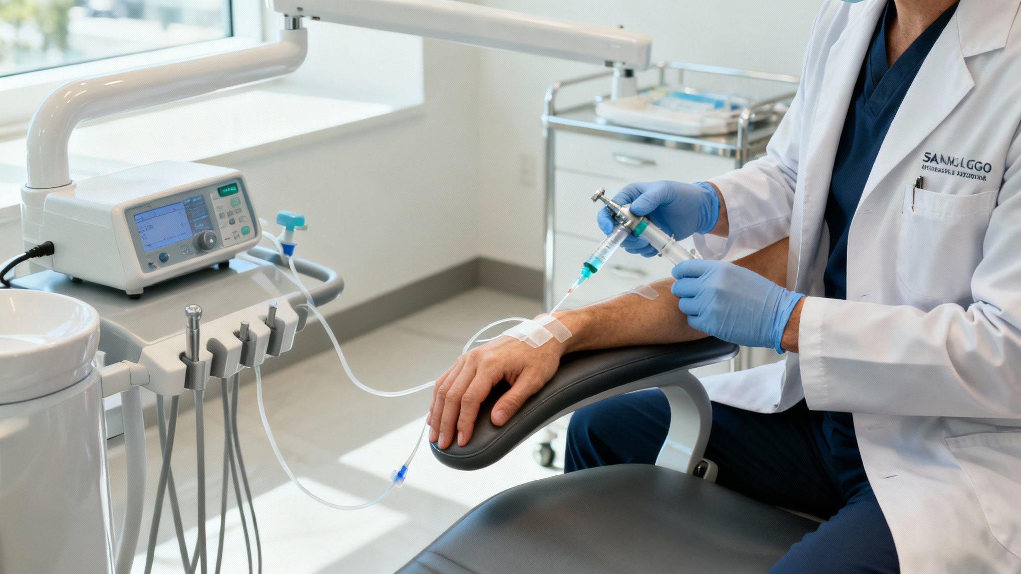 Patient smiling and talking with a dentist in a modern dental office.