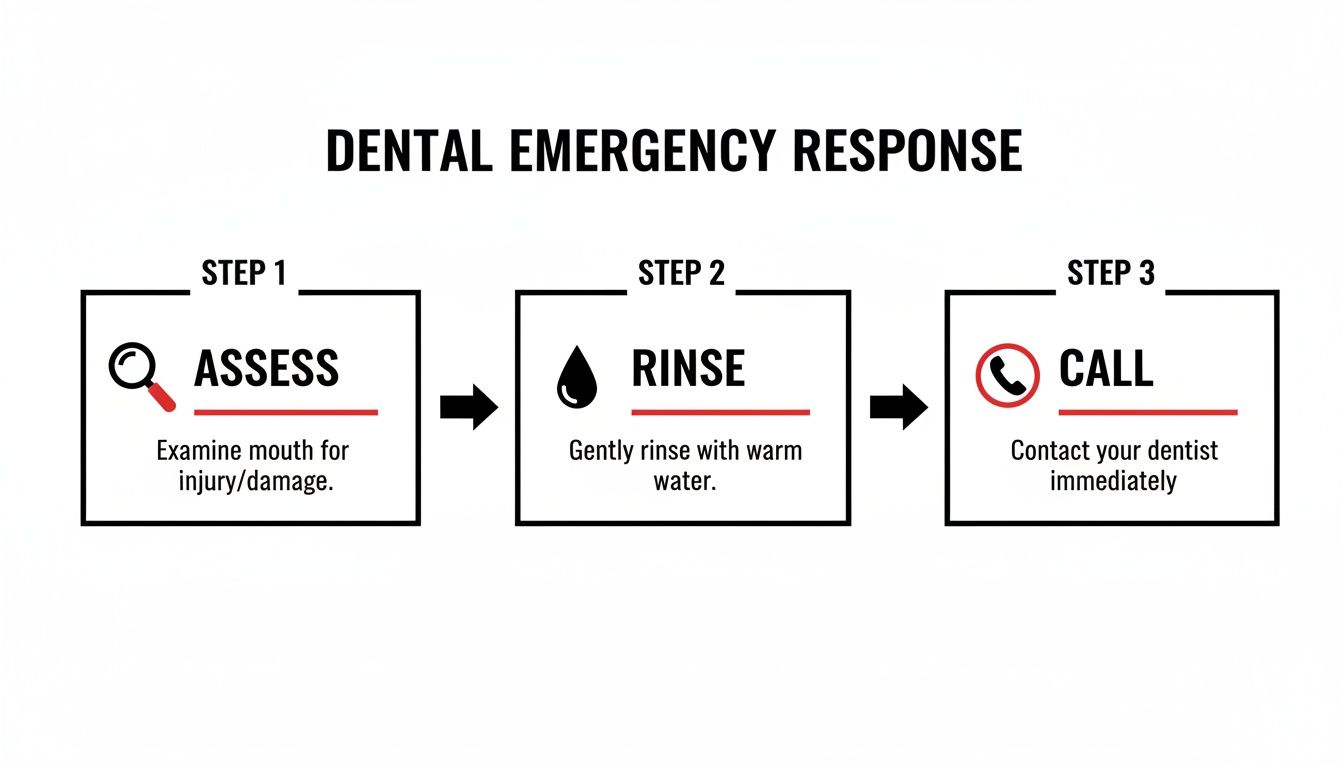 A three-step guide for dental emergencies: Assess, Rinse, and Call your dentist immediately.