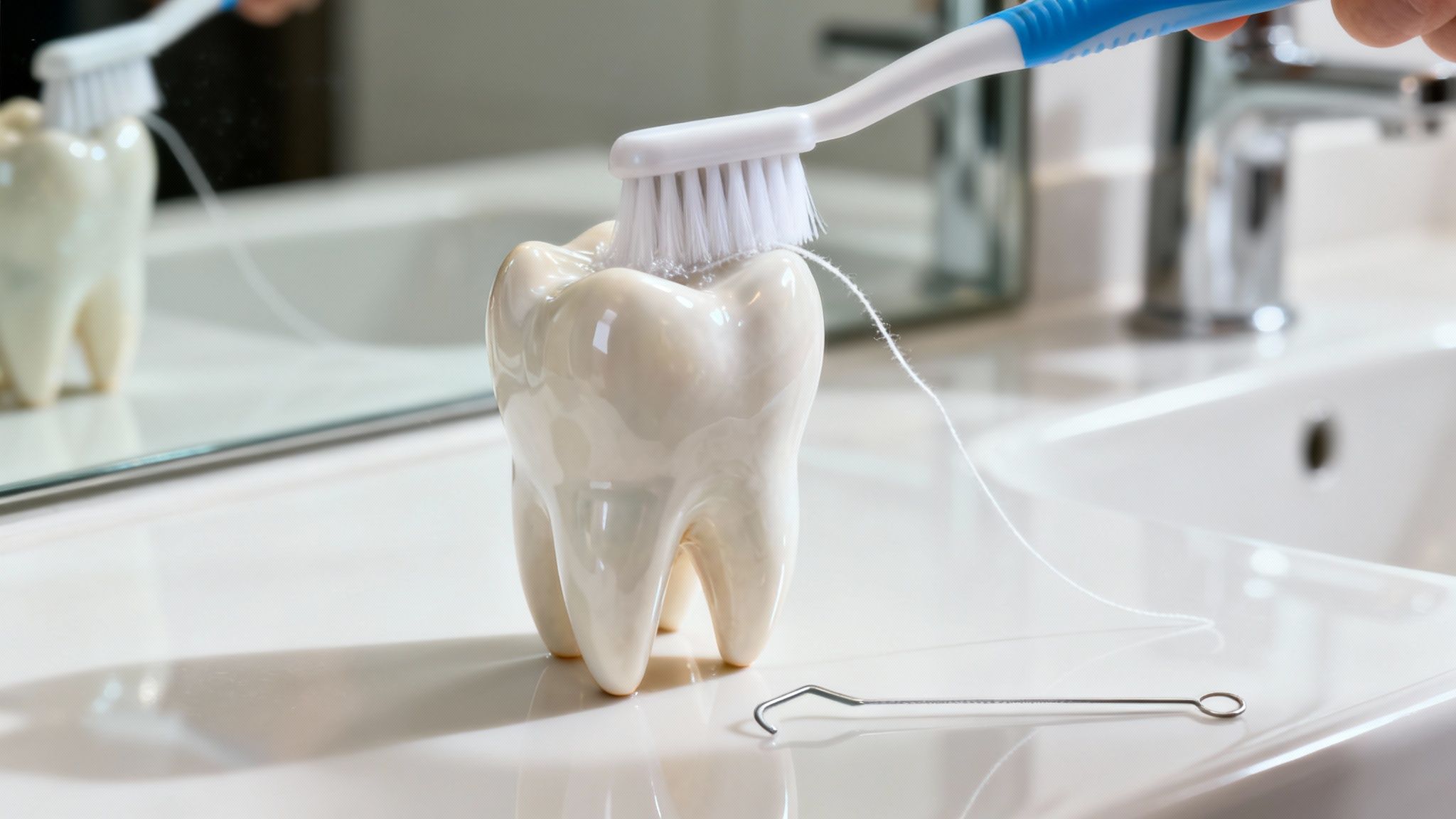 A person demonstrating proper brushing technique on a model of teeth with a dental crown.