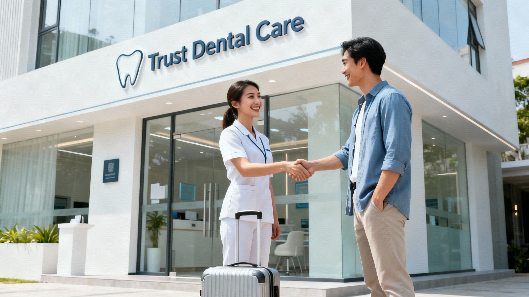 A smiling dental professional shakes hands with a patient outside the 'Trust Dental Care' clinic.