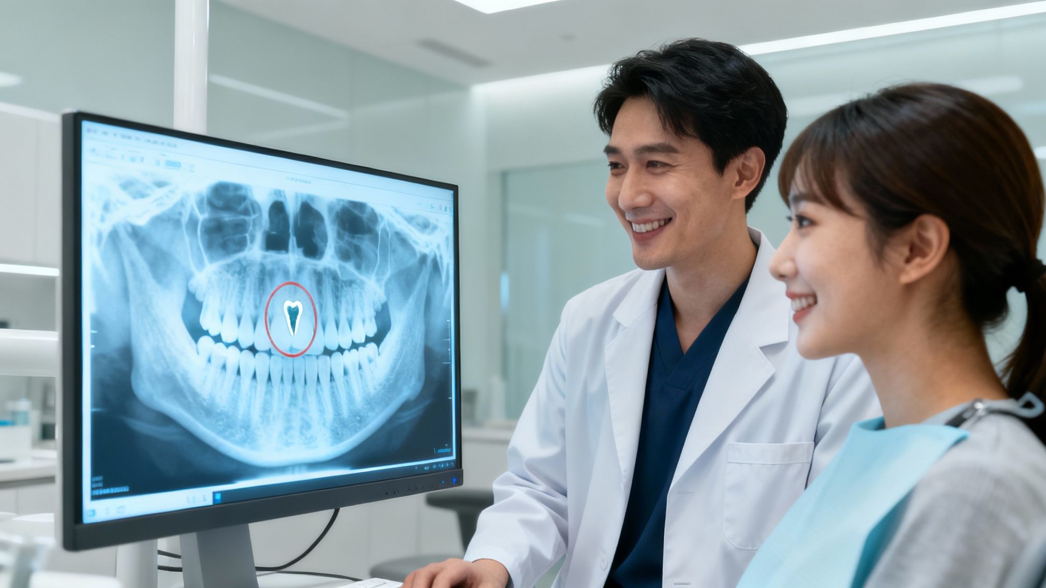 Dentist and patient looking at a dental x-ray on a computer screen together.