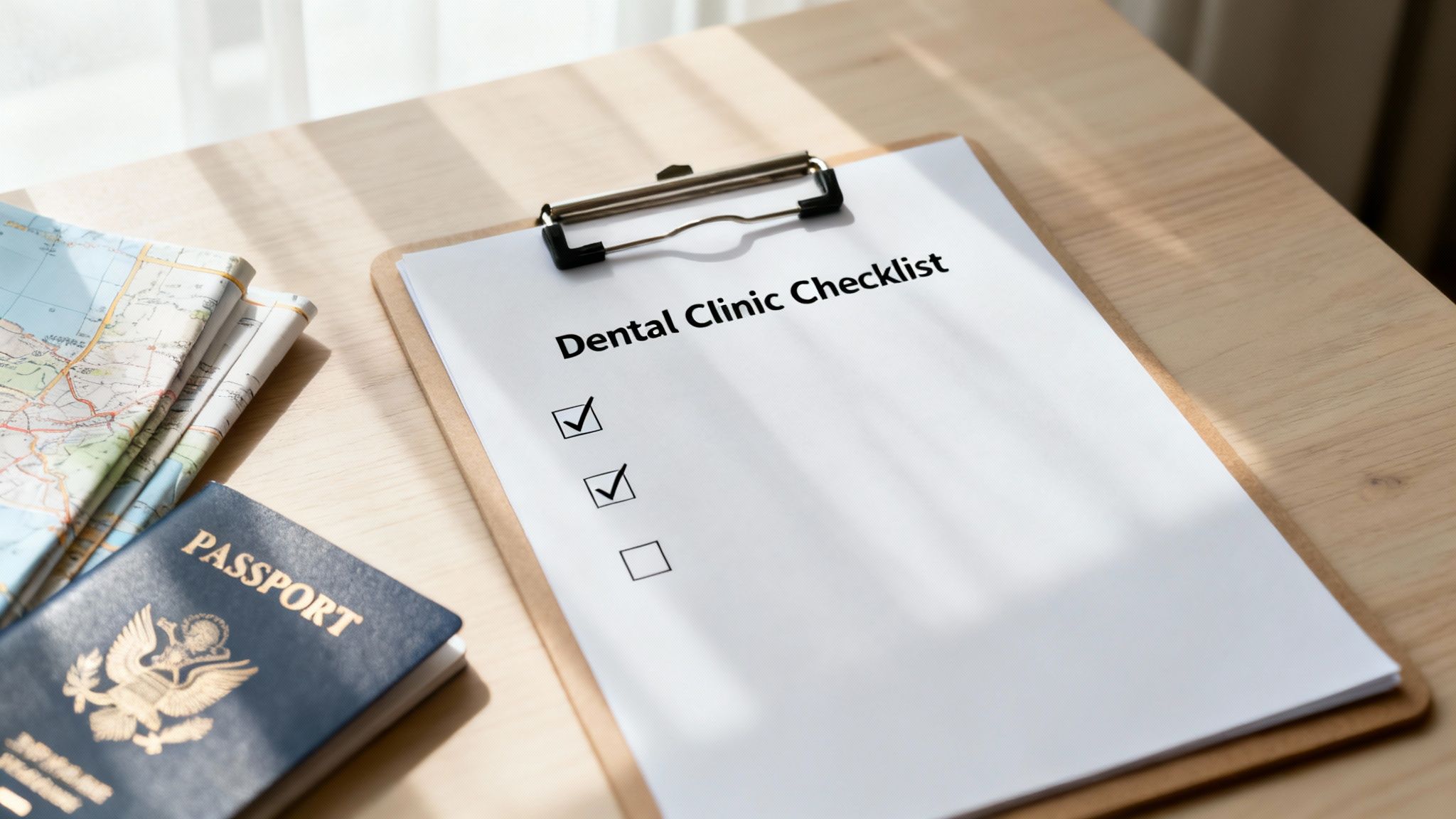 A 'Dental Clinic Checklist' on a clipboard with a passport and map, indicating dental tourism planning.