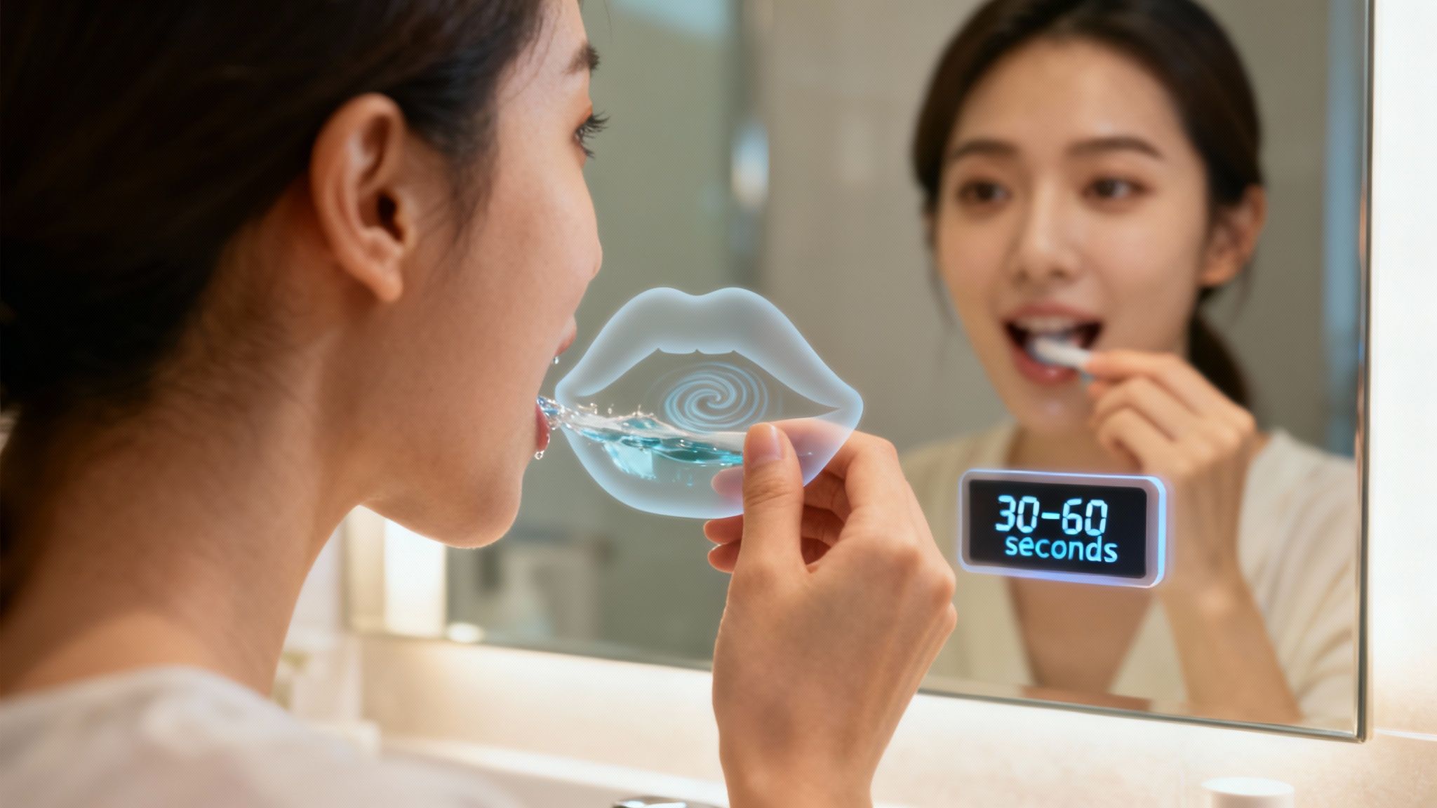 A person pours mouthwash into a measuring cap in a well-lit bathroom.