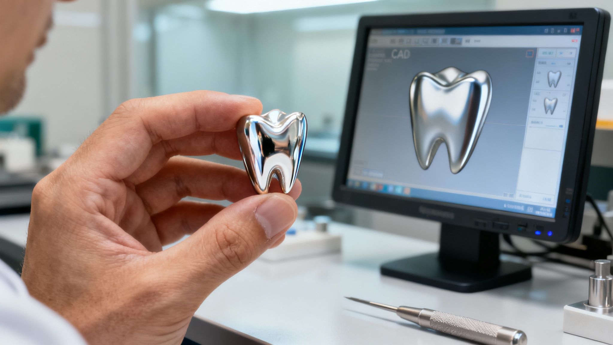A dental professional using advanced CAD/CAM technology to design a dental crown on a computer screen.
