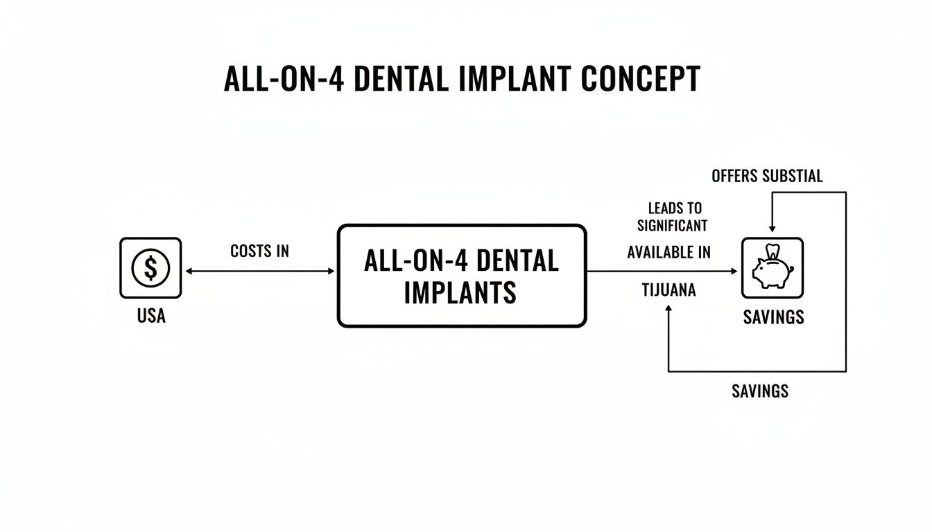 Flowchart illustrating the All-on-4 dental implant concept, showing cost savings when done in Tijuana versus the USA.