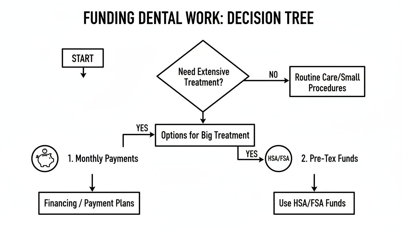 A decision tree flowchart illustrating options for funding dental work, including extensive treatment and routine care.