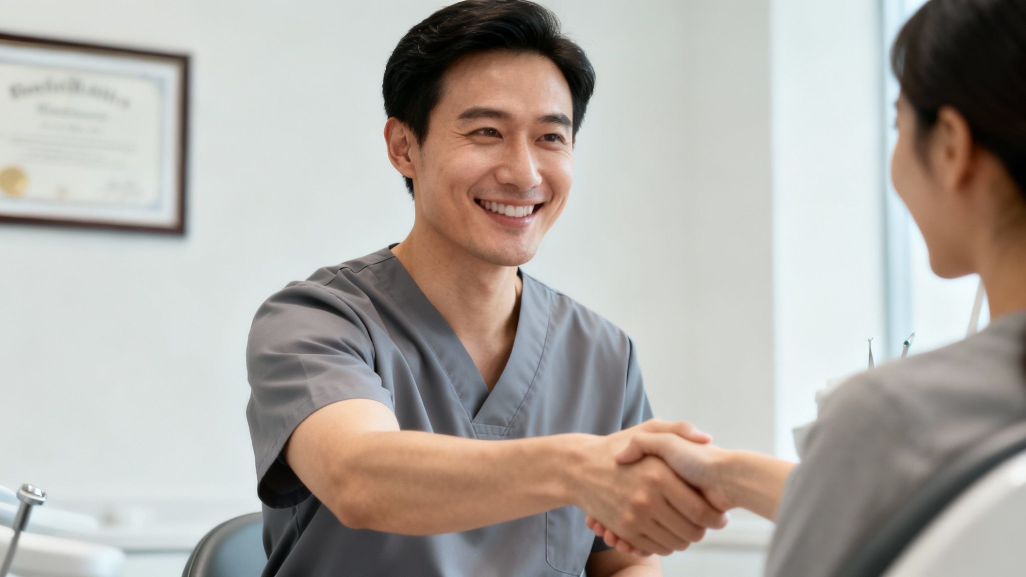 Smiling Asian male dentist in grey scrubs shaking hands with a female patient in a bright clinic.