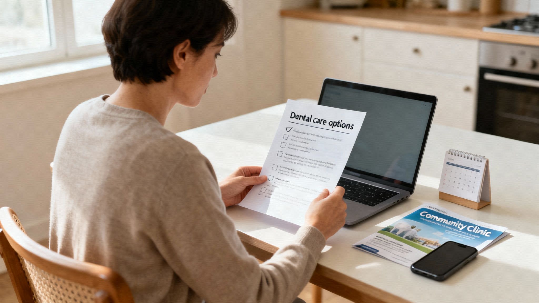 Woman reviewing dental care options checklist on paper while researching on laptop computer