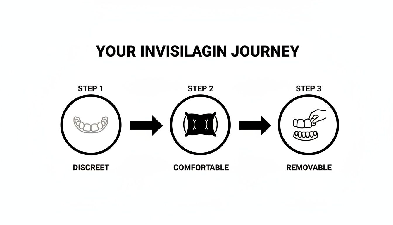 A diagram illustrating the 3-step Invisalign journey: discreet aligners, comfortable wear, and removable trays.