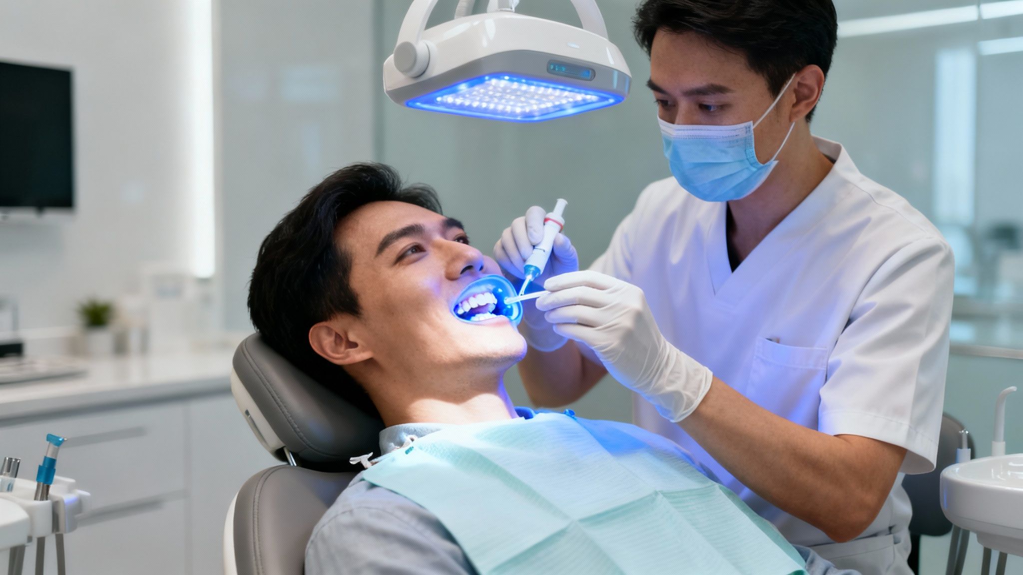 Male dentist performing a teeth whitening procedure on a young male patient in a modern clinic.