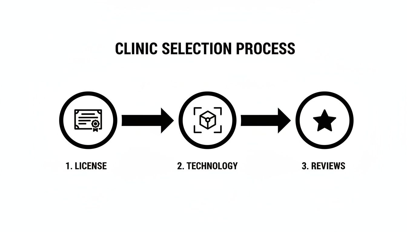 A three-step diagram illustrates the clinic selection process based on license, technology, and reviews.