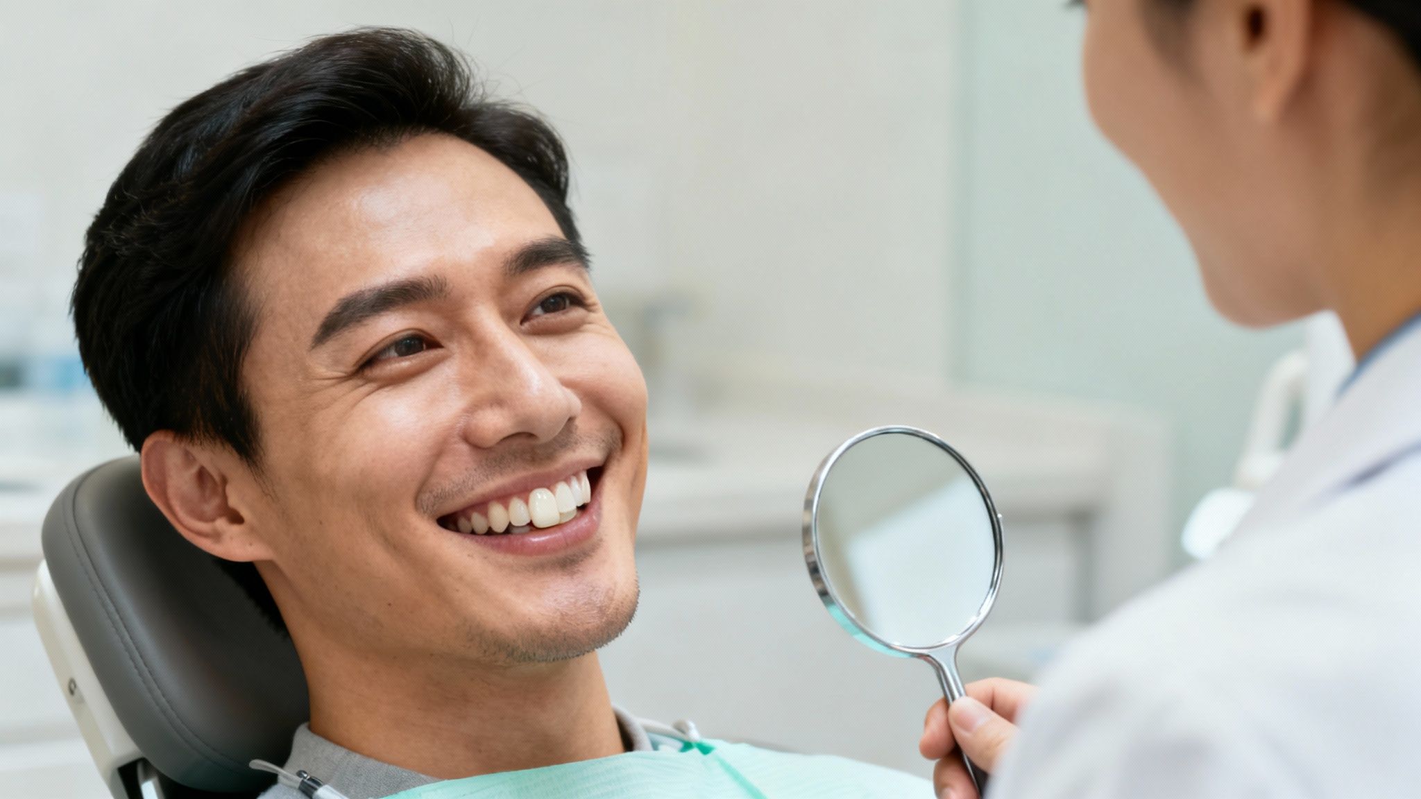 Smiling man in dental chair looks at his bright teeth in a mirror held by a dentist.