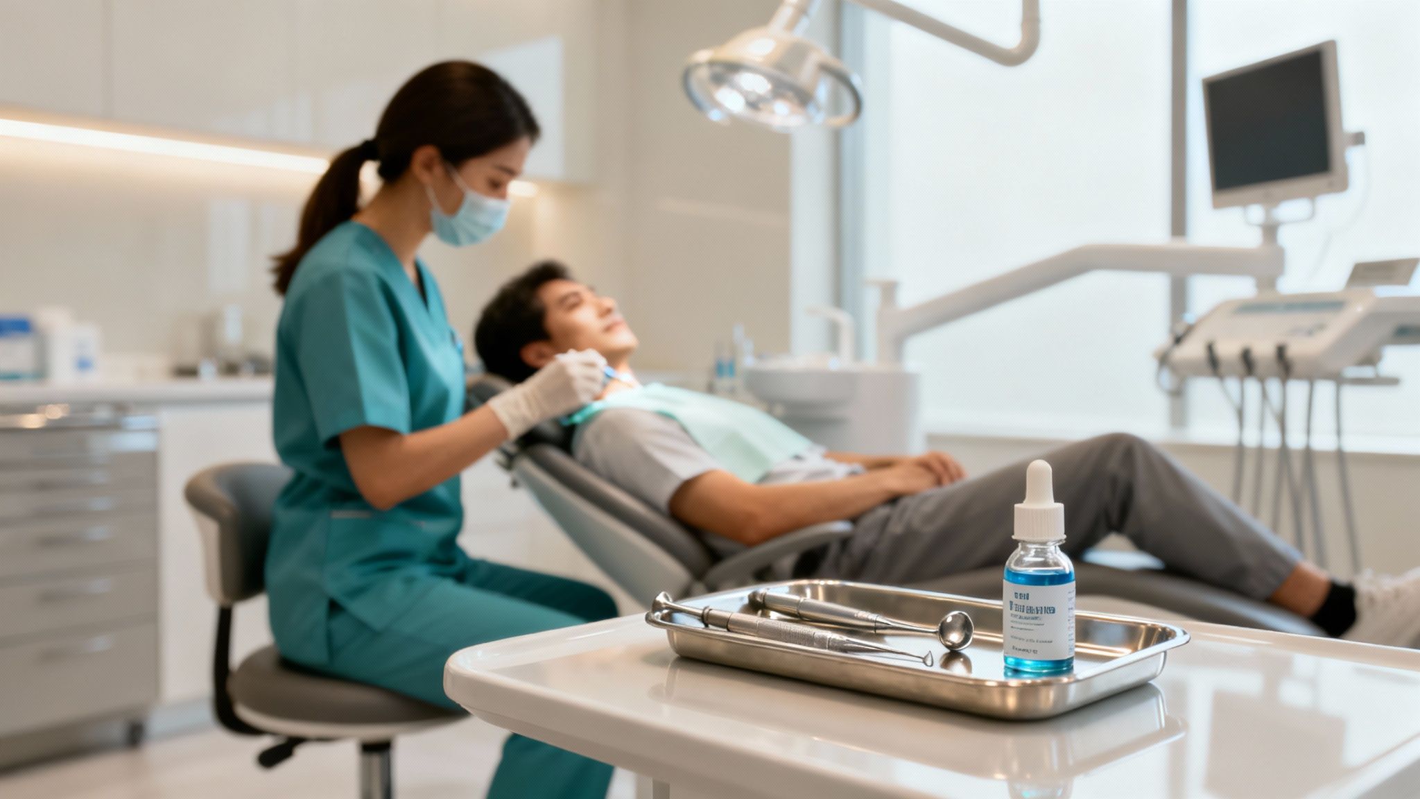 Dentist examining a patient's teeth during a preventive care visit.
