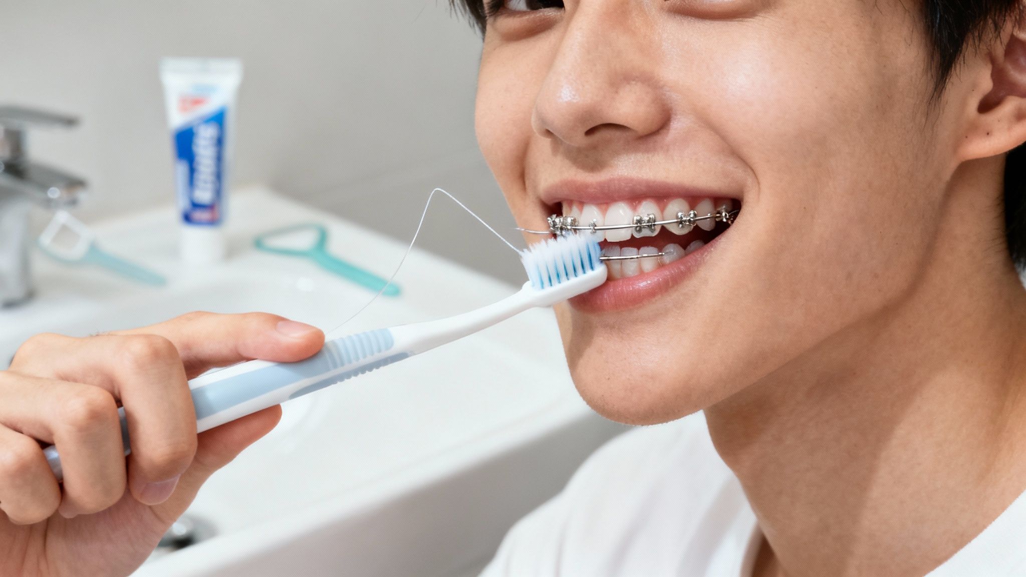 Young person with braces brushing teeth with orthodontic toothbrush in bathroom mirror