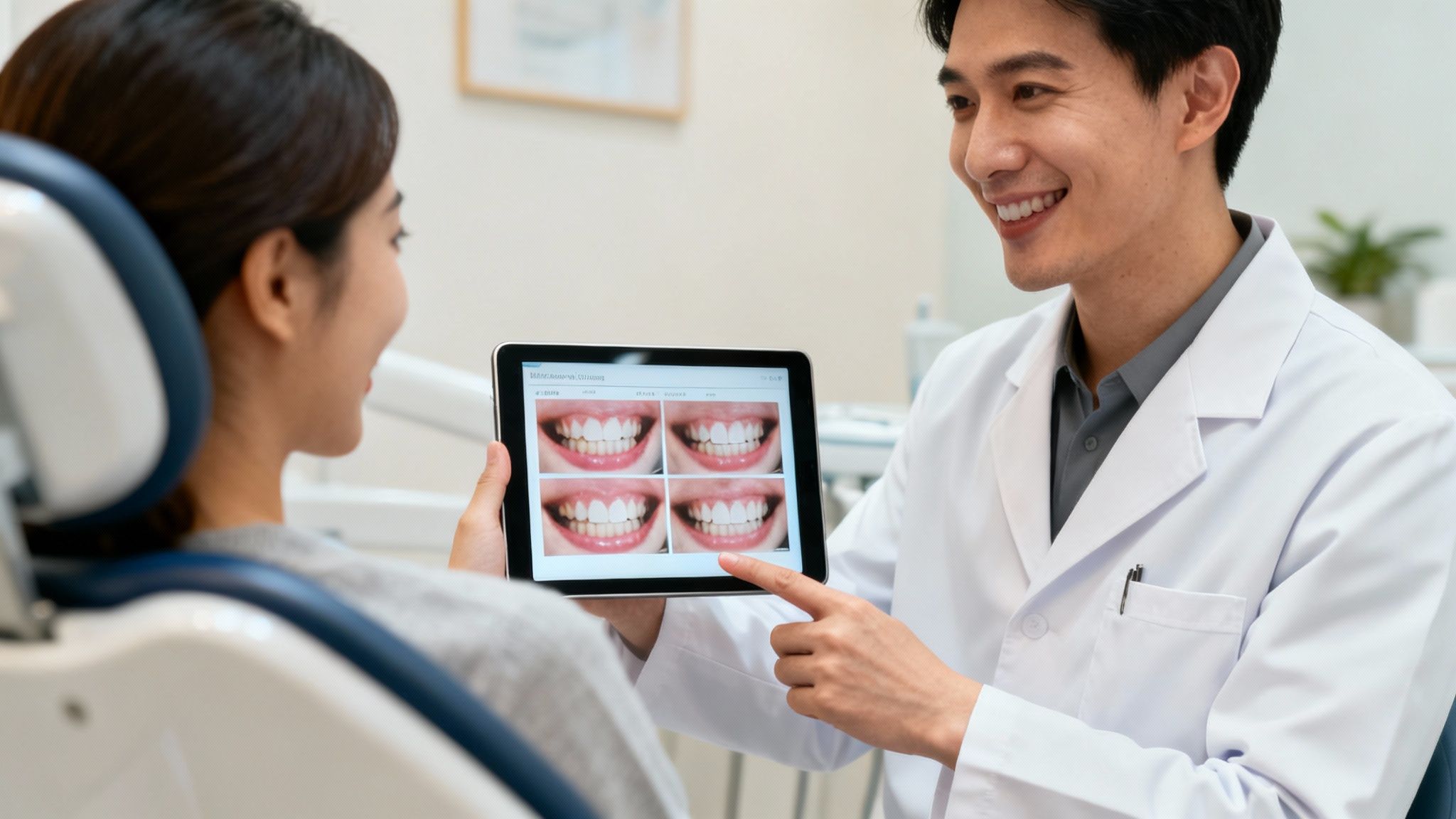 A smiling dentist shows a patient digital smile makeover options on a tablet in a dental clinic.
