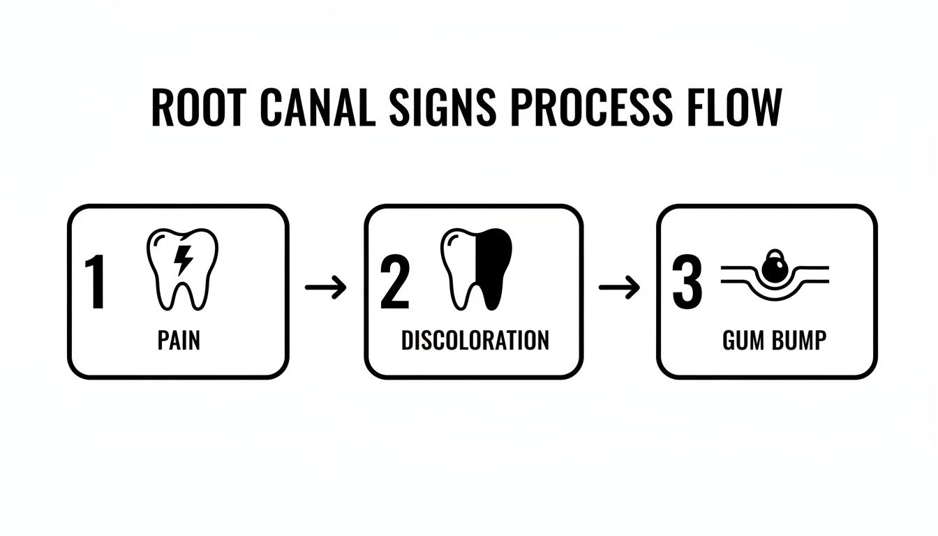 A root canal signs process flow chart showing three steps: pain, discoloration, and a gum bump.