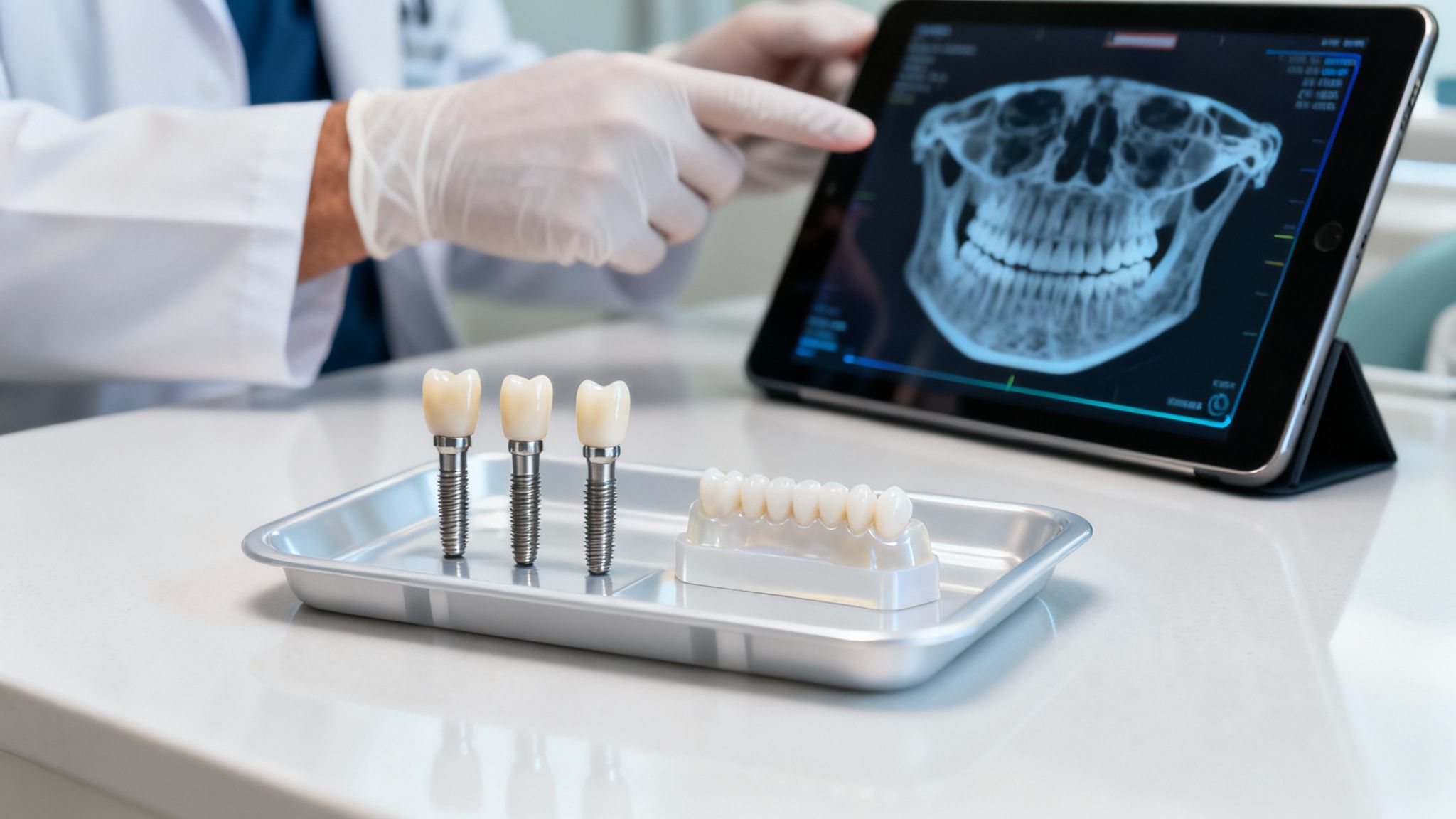 Dentist showing a digital dental X-ray on a tablet with dental implants and a teeth model.