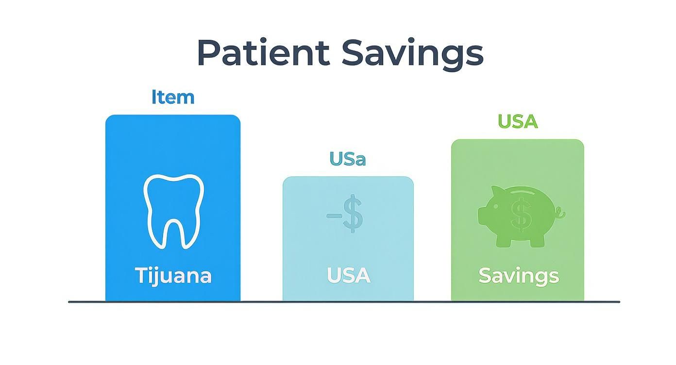 A bar chart visually comparing dental costs in Tijuana versus the USA, highlighting significant patient savings.