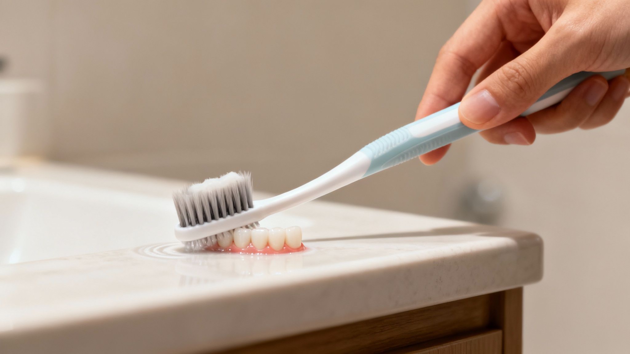 Hand holding toothbrush with denture model demonstrating proper brushing technique for gum health