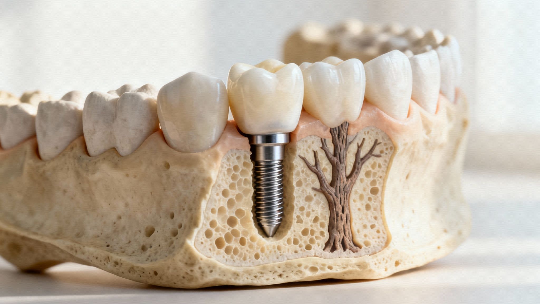 A diagram showing a dental implant fusing with the jawbone over time, illustrating the process of osseointegration.