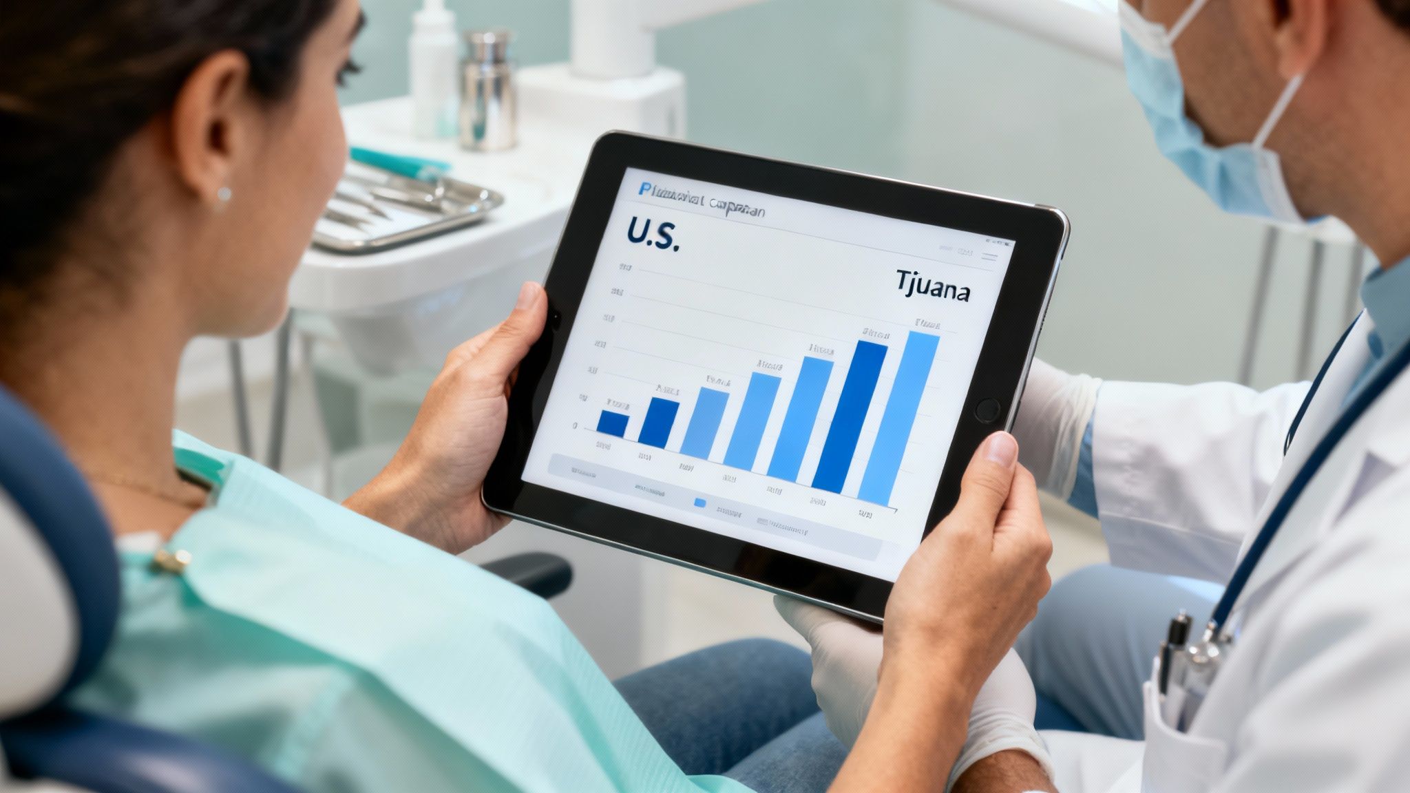 Patient and dentist review a bar chart comparing U.S. and Tijuana dental costs on a tablet.