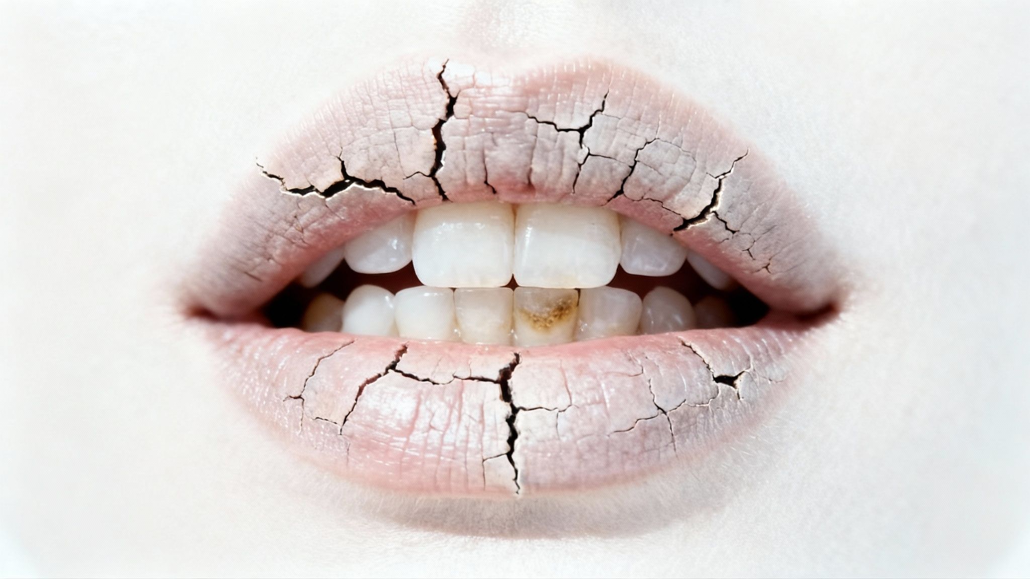 A close-up view of a dry, cracked mouth, symbolizing the side effects of mouth breathing on oral health.
