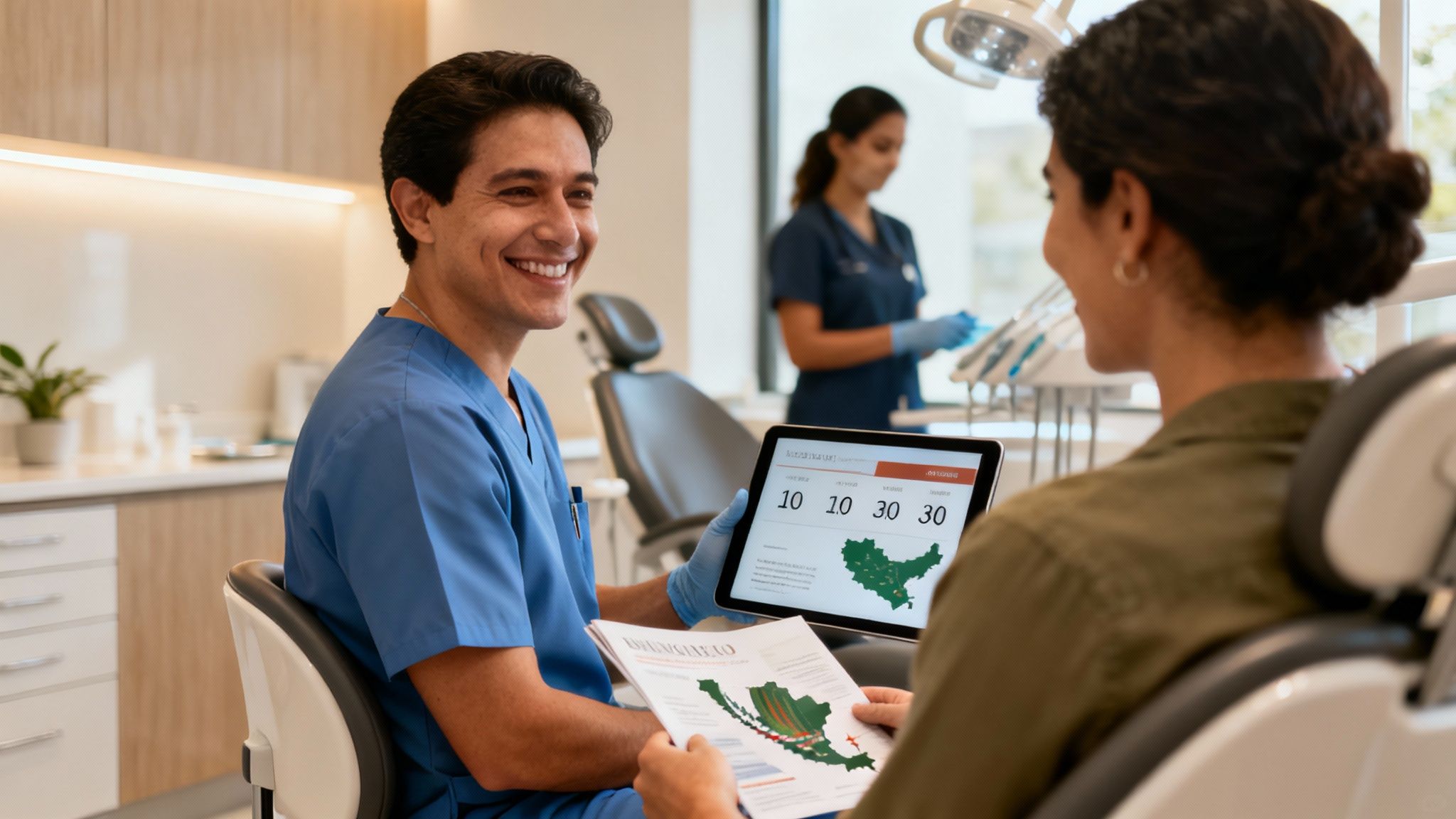 Smiling male dentist in scrubs shows a tablet and paper with a map of Mexico to a female patient.