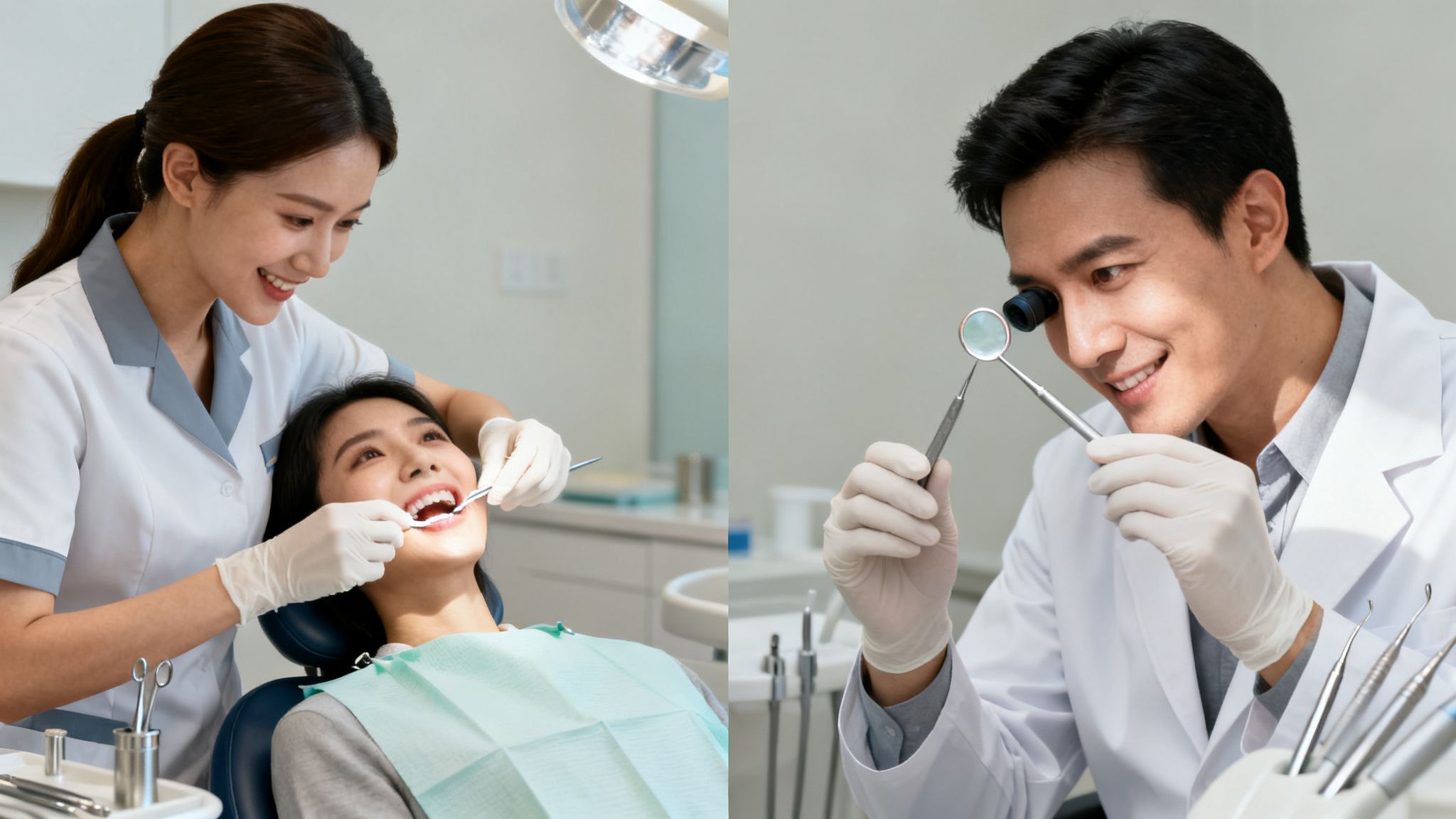 Smiling dentists performing a dental examination on a patient, with tools and a bright clinic setting.